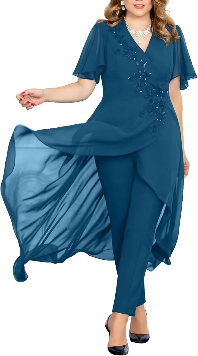 Chiffon Beaded Pantsuits for Women 2 Pieces Mother of The Bride Dresses V Neck Pant Suits for Weeding
