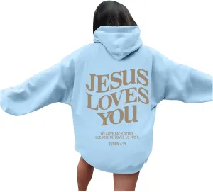 Christian Hoodies Women Men Jesus Loves You Letter Graphic Sweatshirt Casual Long Sleeve Oversized Y2k Pullover Tops