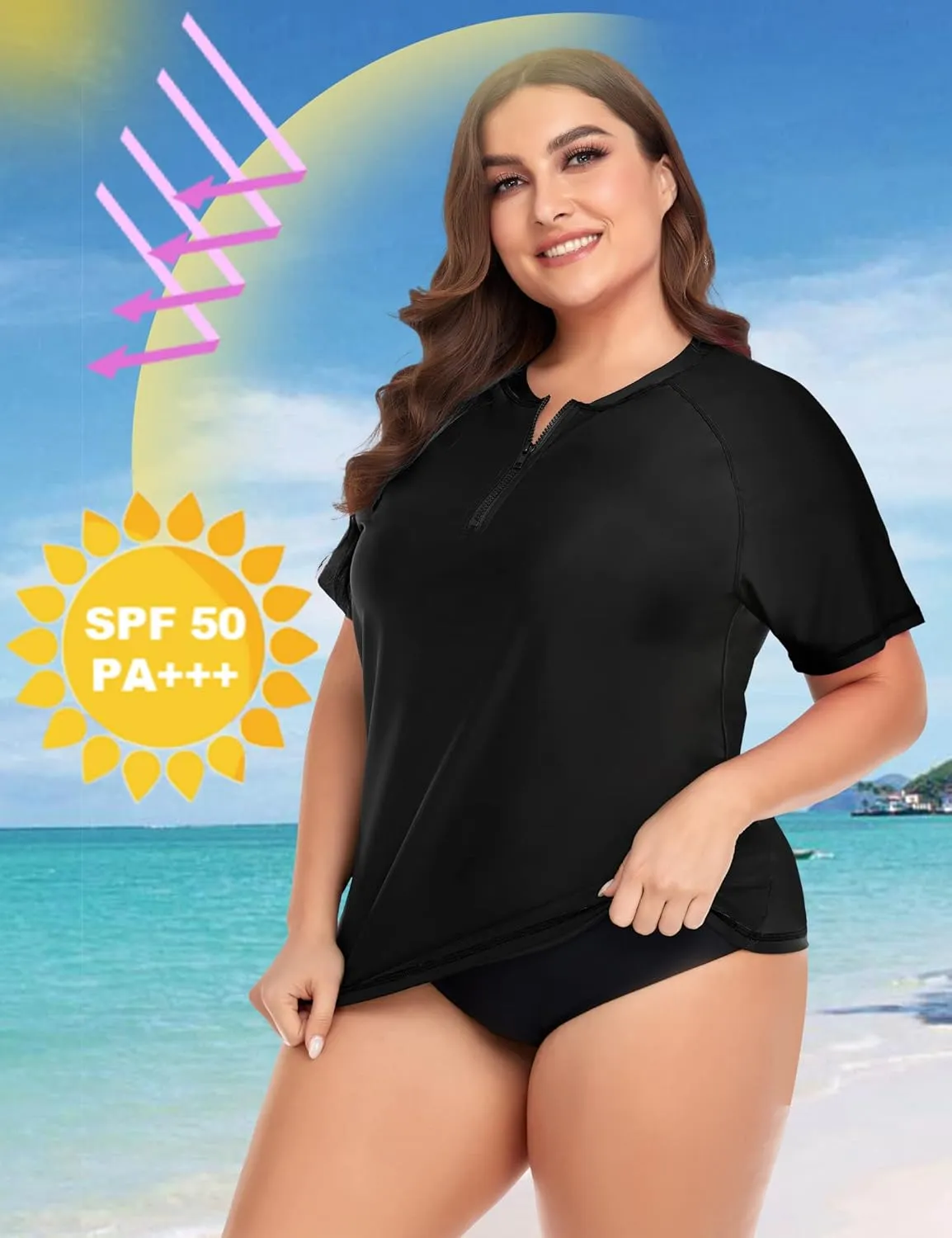 COOTRY Womens Plus Size Rash Guard Short Sleeve Swim Shirt UPF 50  Sun Protection Zip Swimsuit Tops