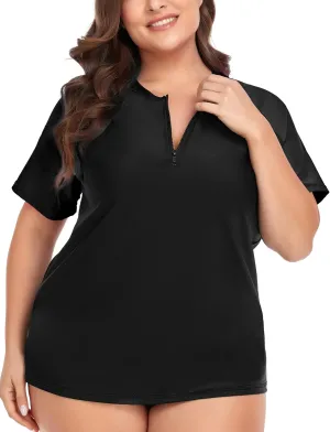 COOTRY Womens Plus Size Rash Guard Short Sleeve Swim Shirt UPF 50  Sun Protection Zip Swimsuit Tops