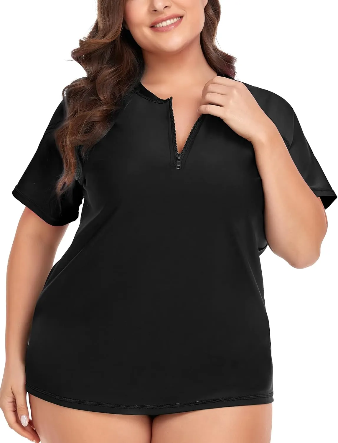 COOTRY Womens Plus Size Rash Guard Short Sleeve Swim Shirt UPF 50  Sun Protection Zip Swimsuit Tops