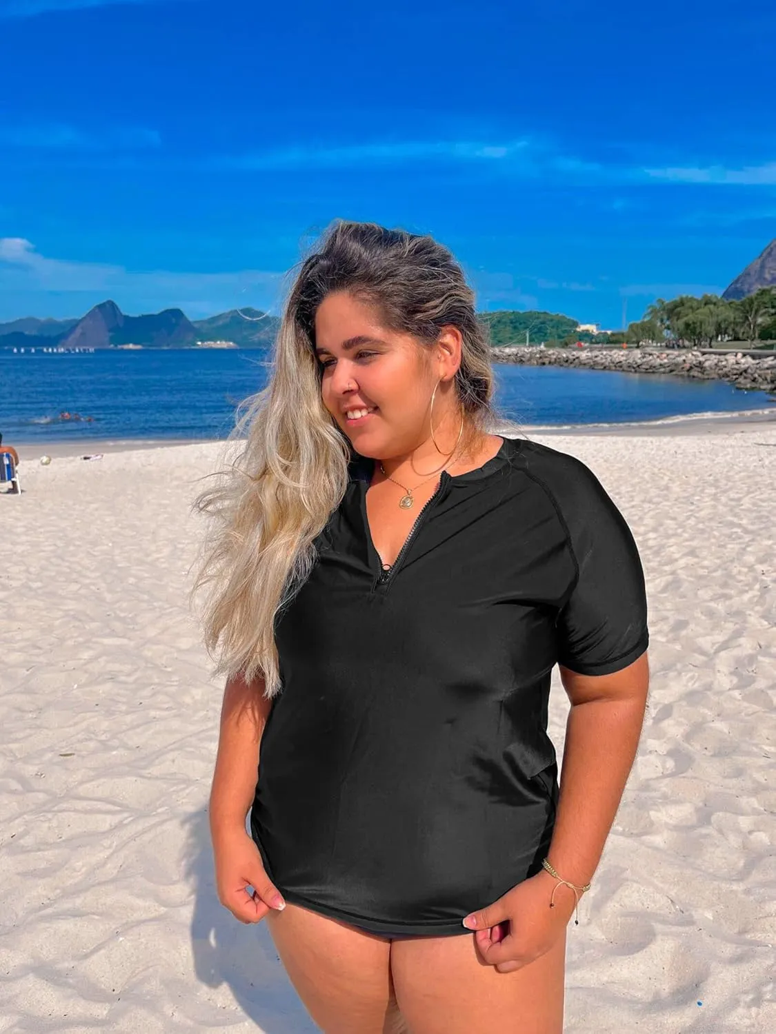 COOTRY Womens Plus Size Rash Guard Short Sleeve Swim Shirt UPF 50  Sun Protection Zip Swimsuit Tops