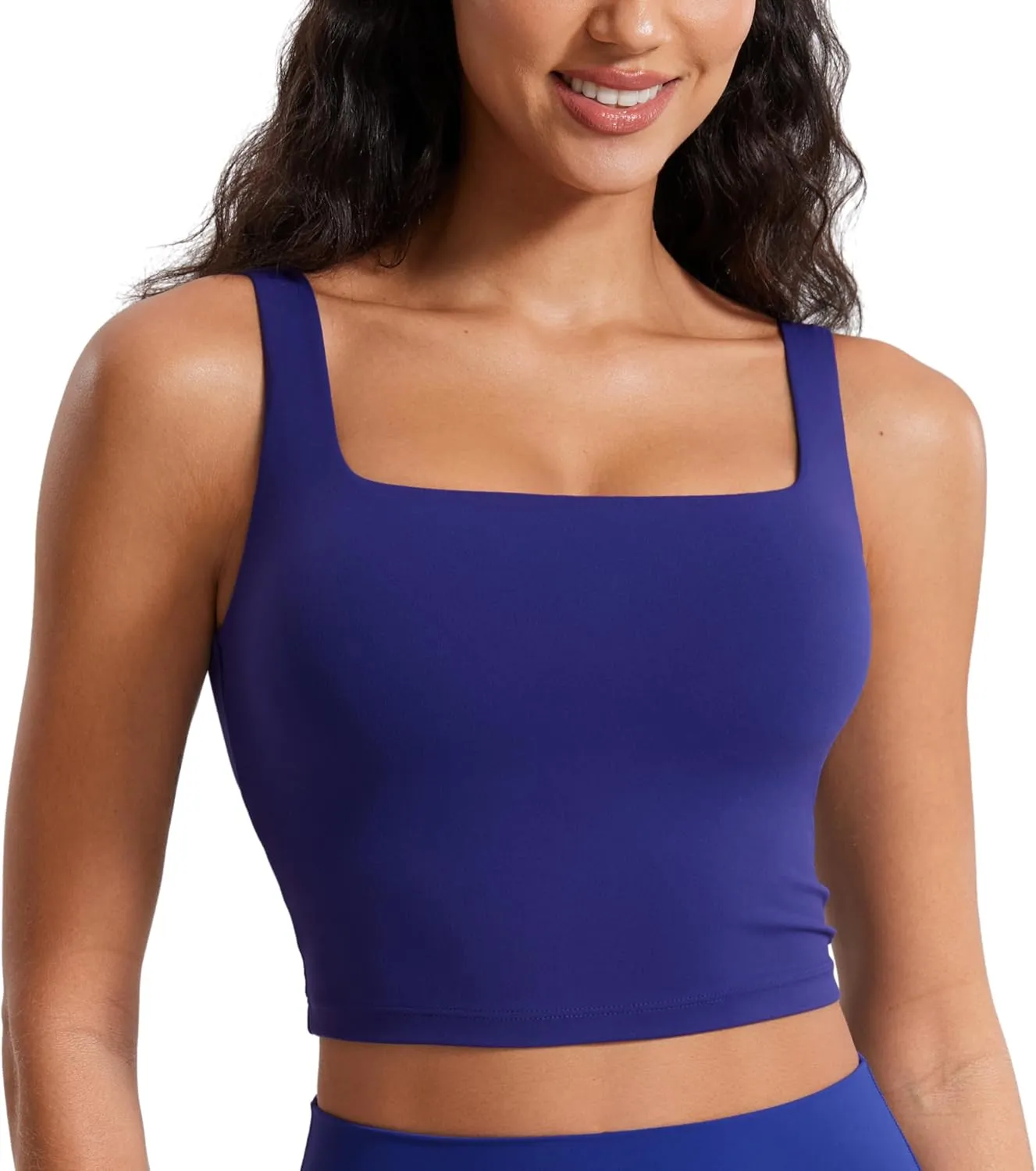 CRZ YOGA Butterluxe Womens Square Neck Longline Sports Bra - Workout Crop Tank Tops Padded Yoga Camisole with Built in Pads