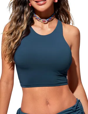 CRZ YOGA Womens Racerback Bikini Tops Quick Dry High Neck Modest Swimsuit Padded Sports Bathing Suit