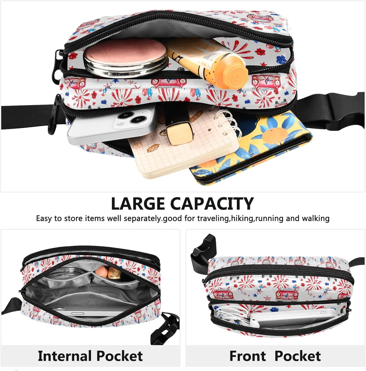 Custom 4th July America Truck Fireworks Women Fanny Packs Waterproof Belt Bags Hip Pack Designer Waist Pack for Women