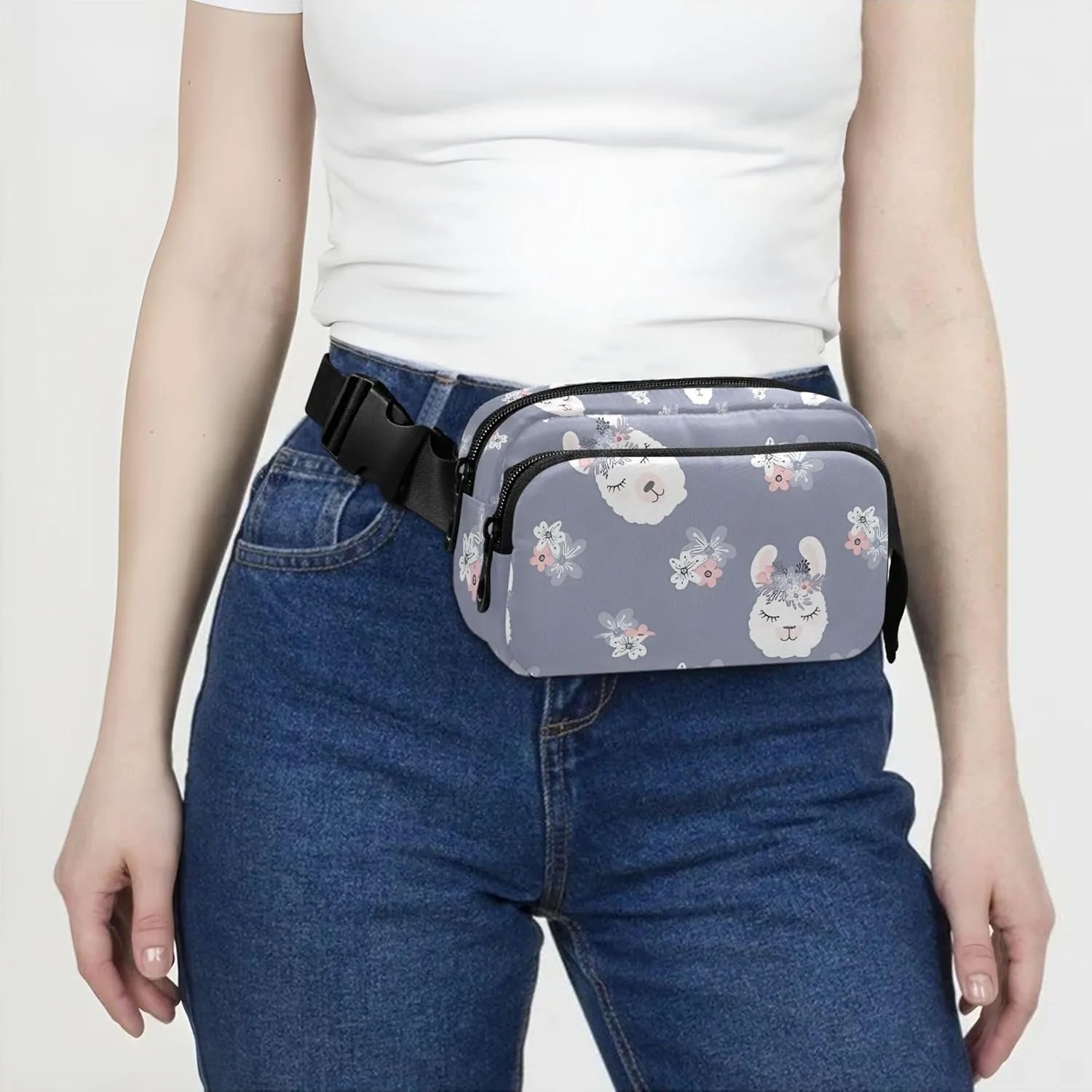 Custom Cute Llama Flower Grey Womens Fanny Pack Waterproof Hip Bag Belt Pouch Cute Waist Pouch for Women