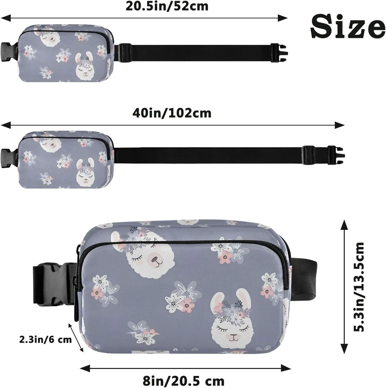 Custom Cute Llama Flower Grey Womens Fanny Pack Waterproof Hip Bag Belt Pouch Cute Waist Pouch for Women