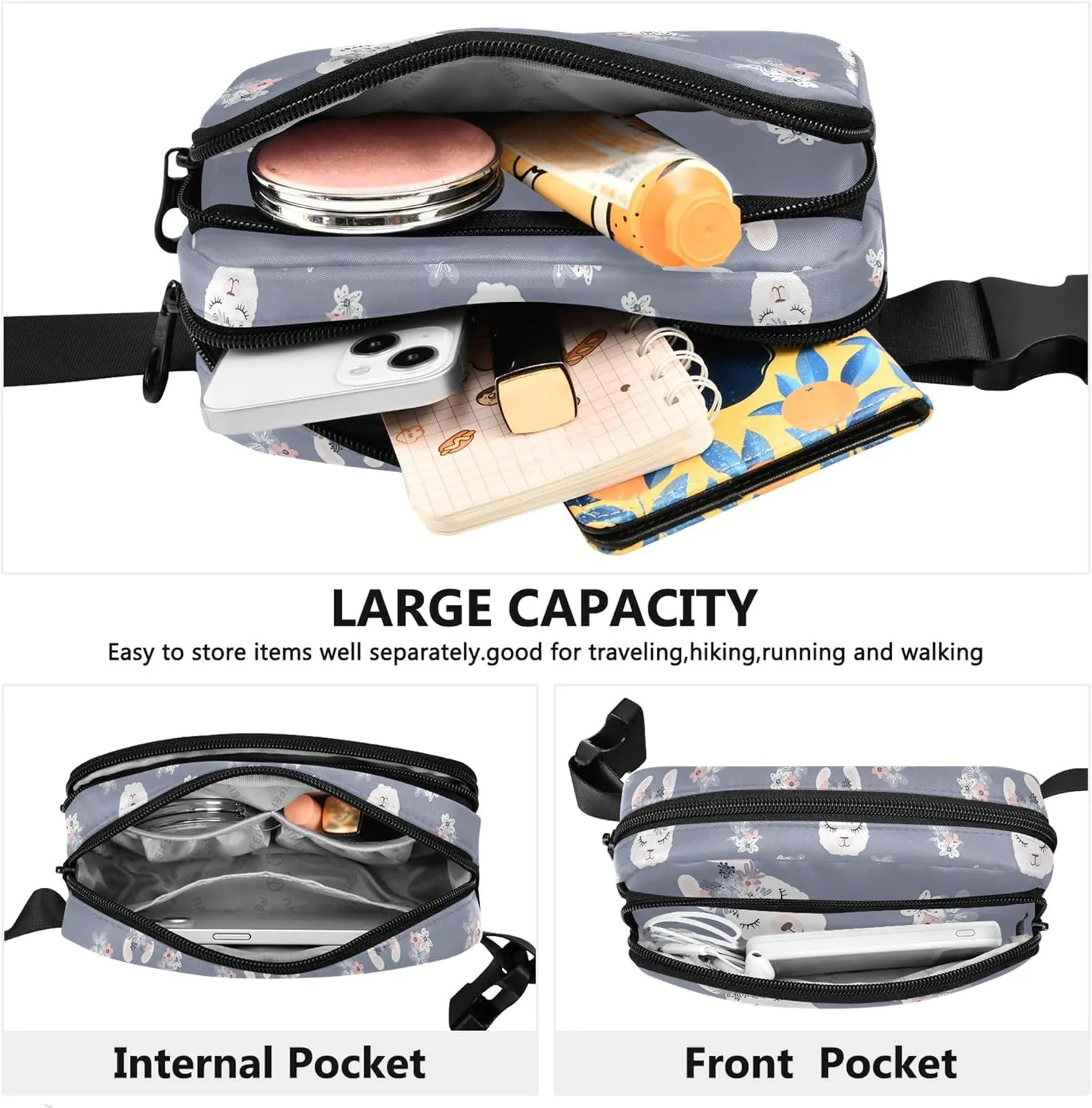 Custom Cute Llama Flower Grey Womens Fanny Pack Waterproof Hip Bag Belt Pouch Cute Waist Pouch for Women