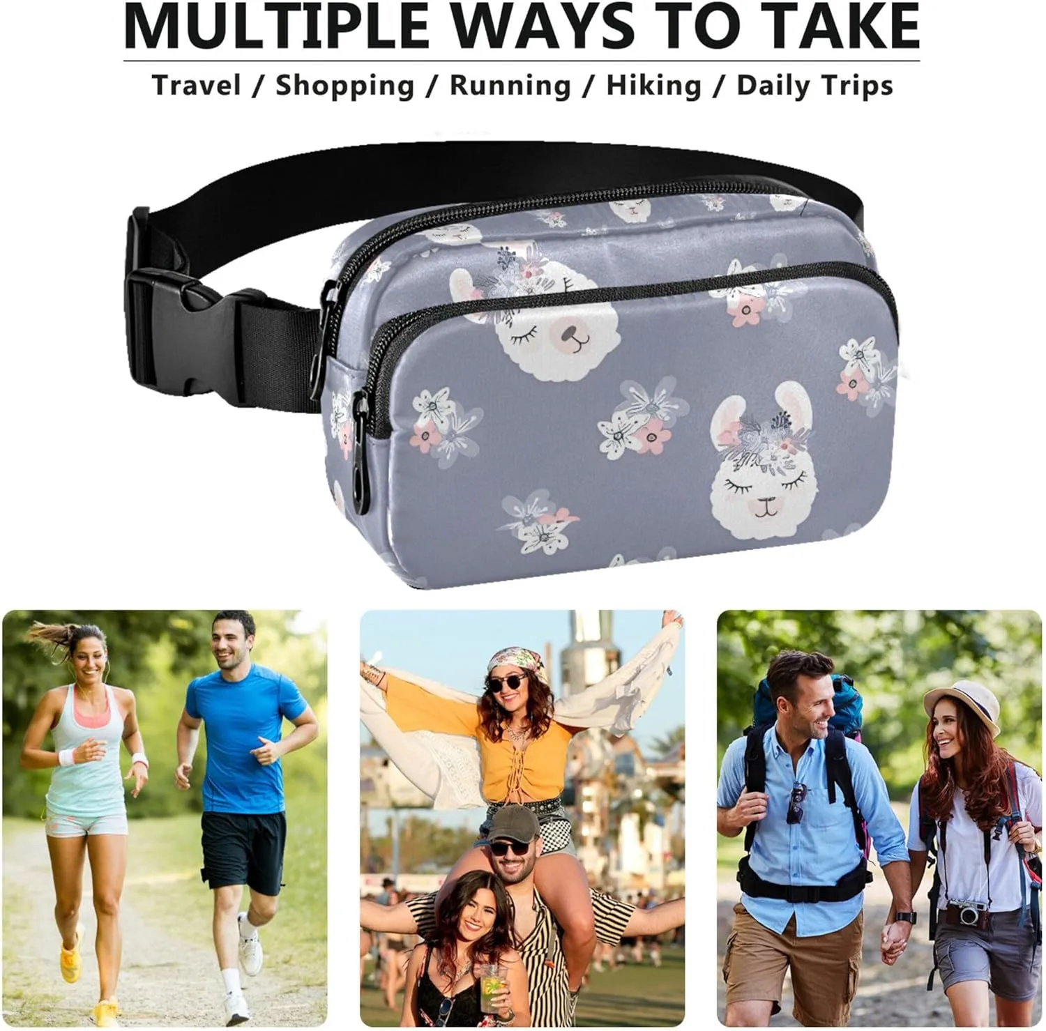 Custom Cute Llama Flower Grey Womens Fanny Pack Waterproof Hip Bag Belt Pouch Cute Waist Pouch for Women