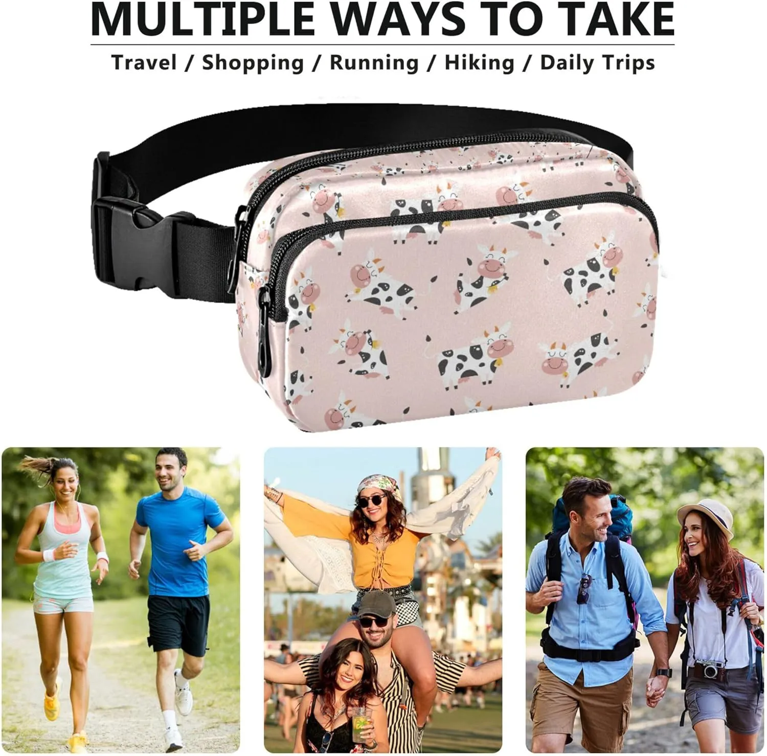 Customized Childish Cute Cow Pink Women Fanny Packs Hip Pouch Belt Bag Waterproof Flower Travel Waist Pouch