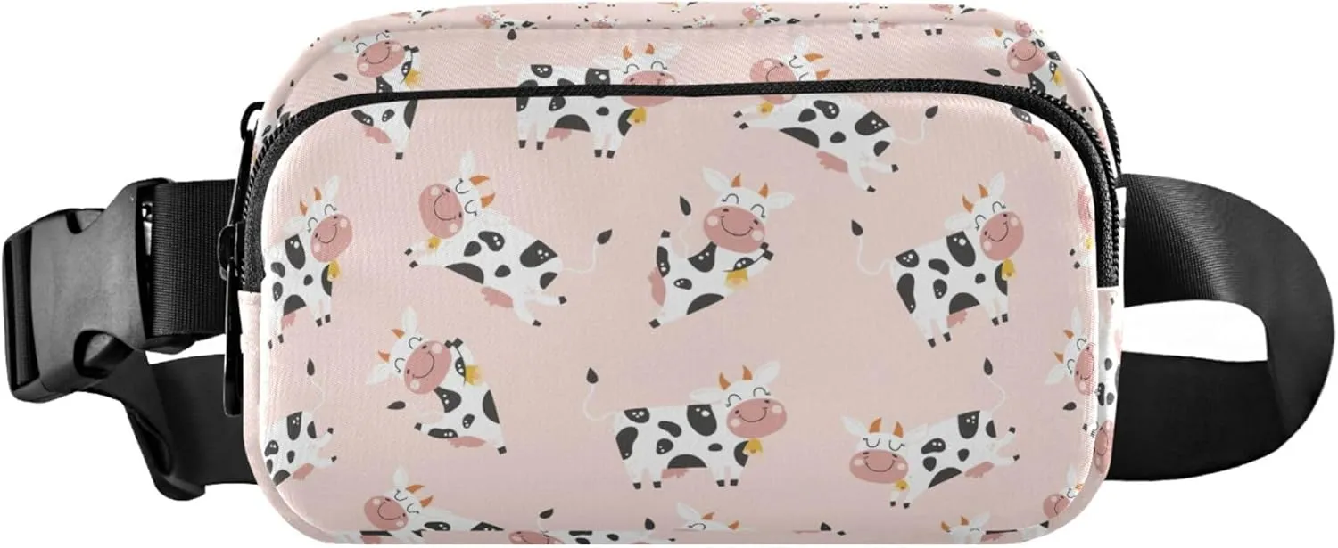 Customized Childish Cute Cow Pink Women Fanny Packs Hip Pouch Belt Bag Waterproof Flower Travel Waist Pouch