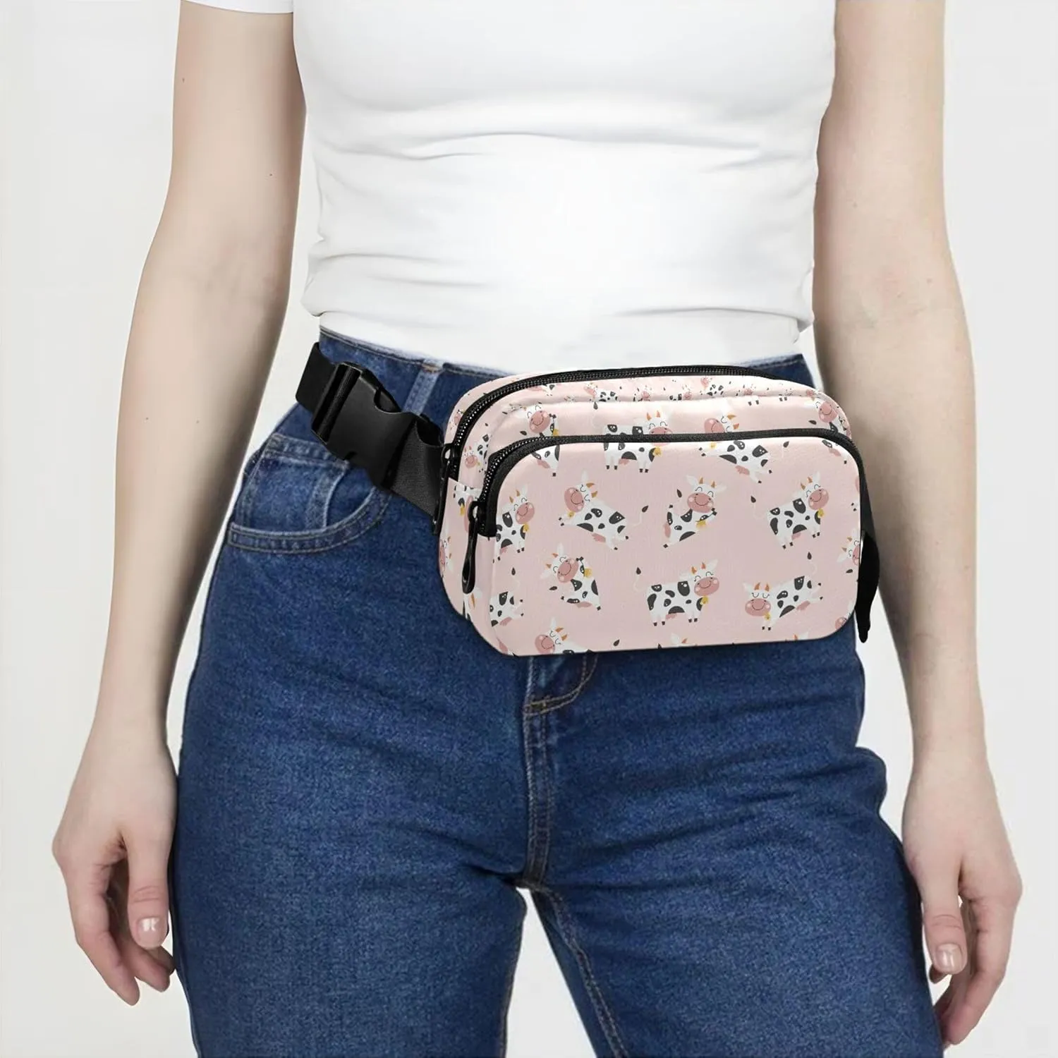 Customized Childish Cute Cow Pink Women Fanny Packs Hip Pouch Belt Bag Waterproof Flower Travel Waist Pouch
