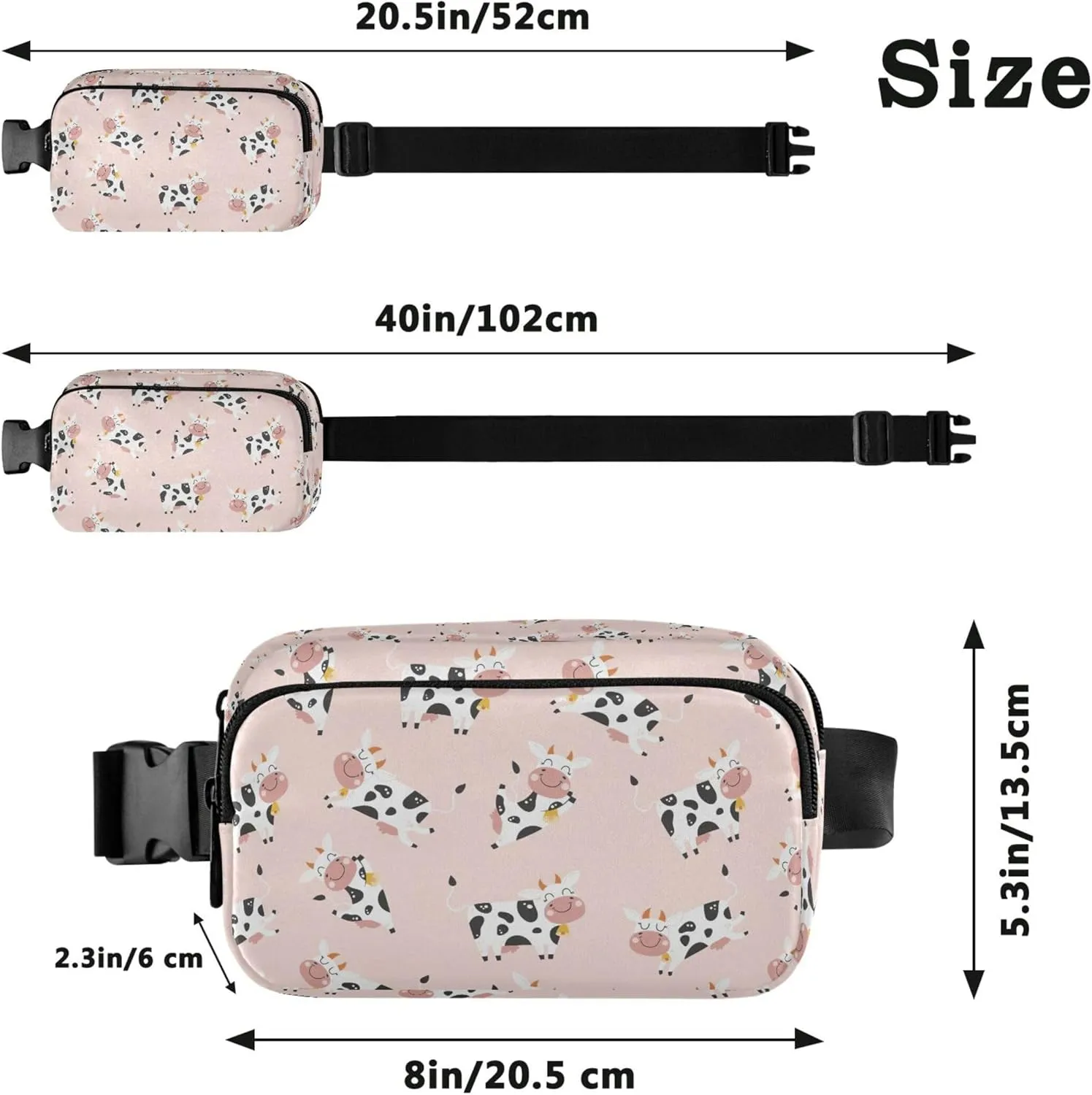 Customized Childish Cute Cow Pink Women Fanny Packs Hip Pouch Belt Bag Waterproof Flower Travel Waist Pouch