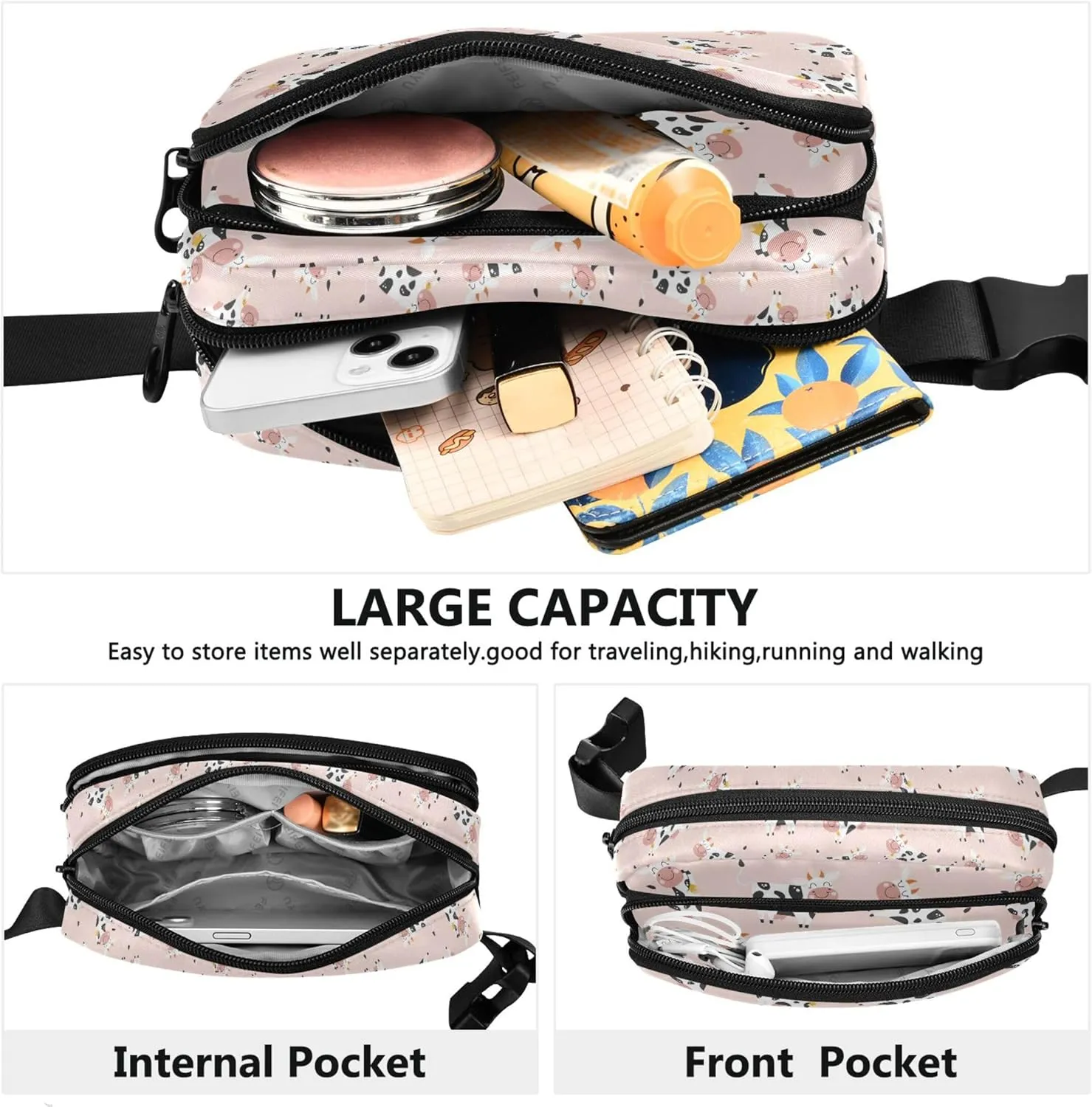 Customized Childish Cute Cow Pink Women Fanny Packs Hip Pouch Belt Bag Waterproof Flower Travel Waist Pouch