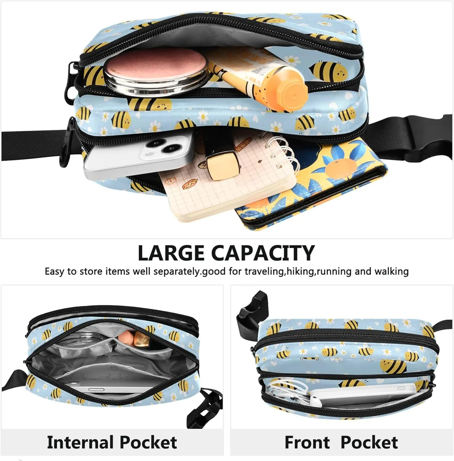 Customized Cute Bee Daisy Blue Womens Fanny Pack Waterproof Hip Pouch Belt Bag Designer Travel Waist Pack for Men