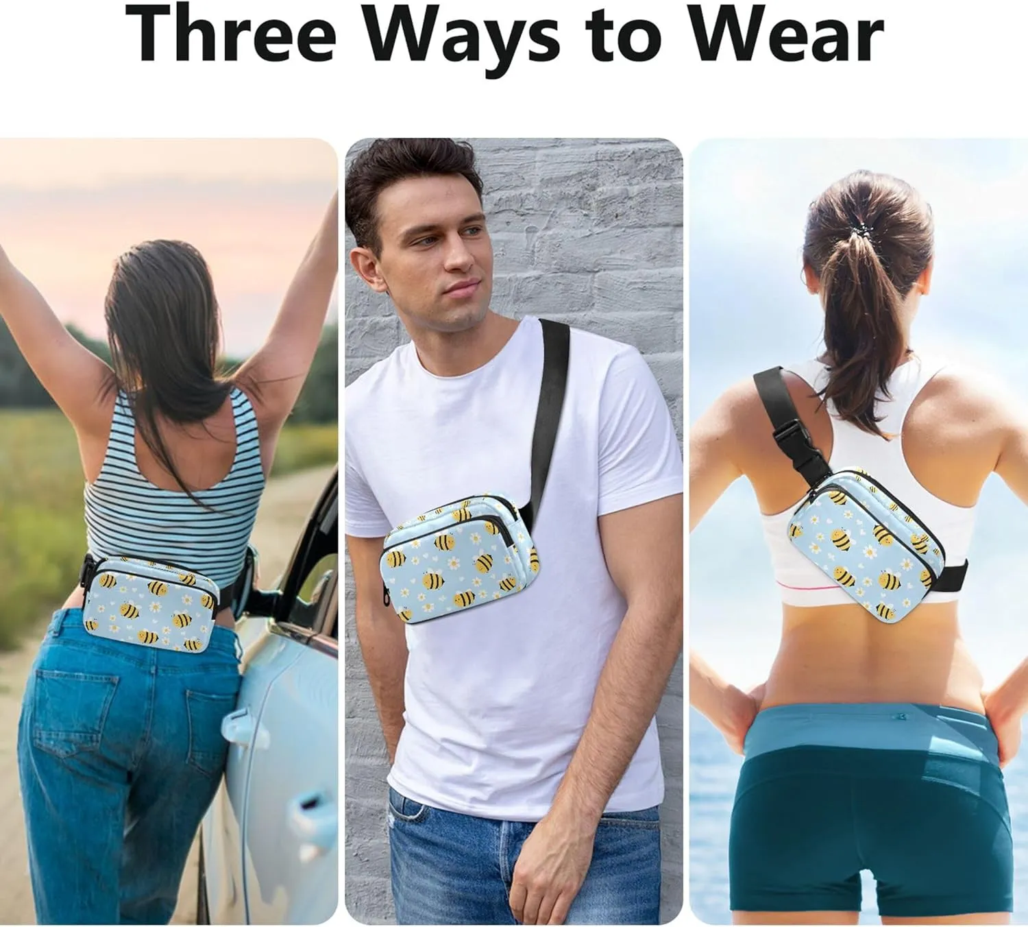 Customized Cute Bee Daisy Blue Womens Fanny Pack Waterproof Hip Pouch Belt Bag Designer Travel Waist Pack for Men