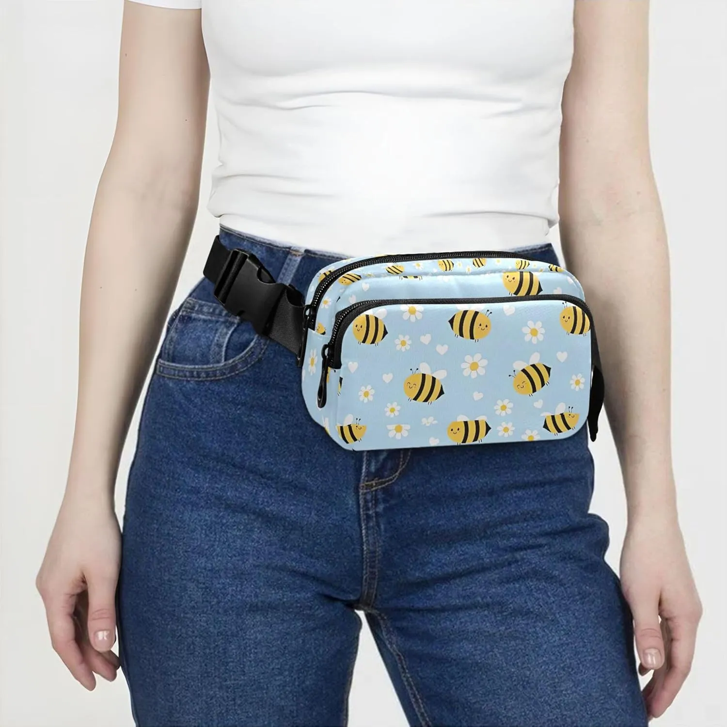 Customized Cute Bee Daisy Blue Womens Fanny Pack Waterproof Hip Pouch Belt Bag Designer Travel Waist Pack for Men