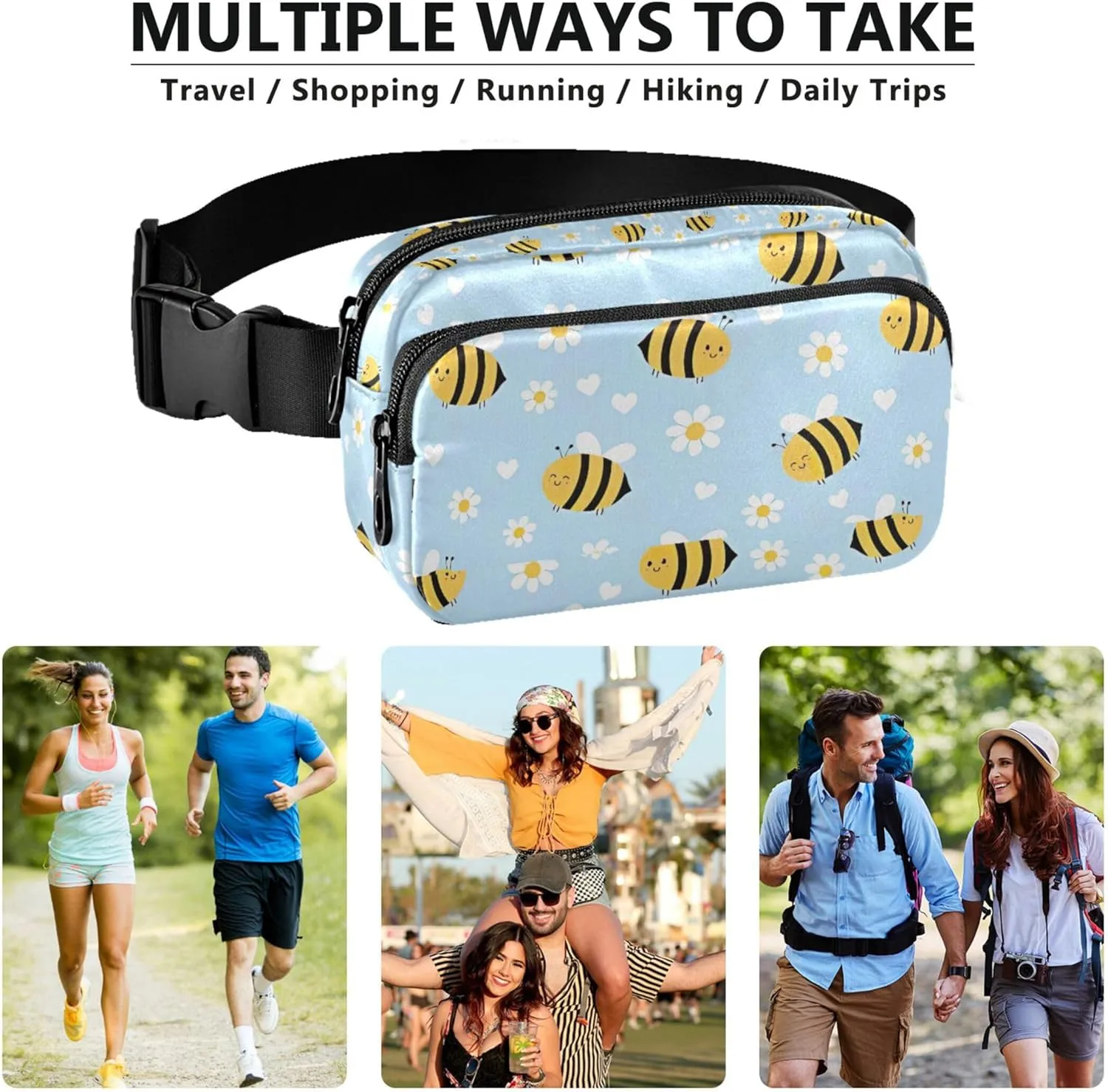 Customized Cute Bee Daisy Blue Womens Fanny Pack Waterproof Hip Pouch Belt Bag Designer Travel Waist Pack for Men
