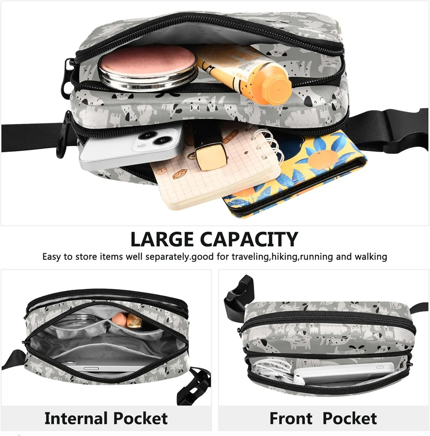 Cute Cartoon Dog Grey Waterproof Fanny Packs for Women Everywhere Belt Bag Hiking Cross Body Waist Purse