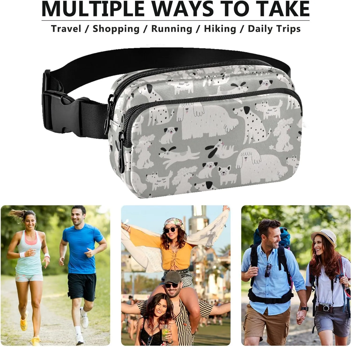 Cute Cartoon Dog Grey Waterproof Fanny Packs for Women Everywhere Belt Bag Hiking Cross Body Waist Purse
