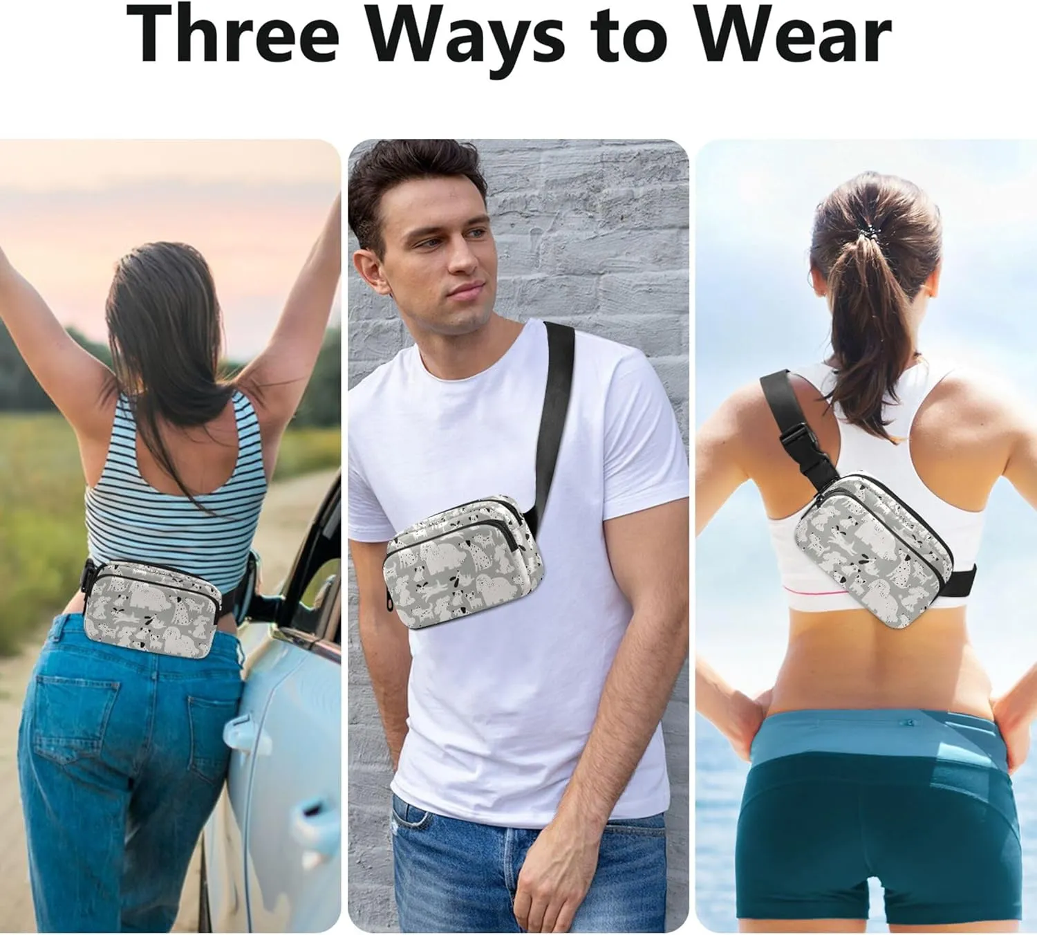 Cute Cartoon Dog Grey Waterproof Fanny Packs for Women Everywhere Belt Bag Hiking Cross Body Waist Purse