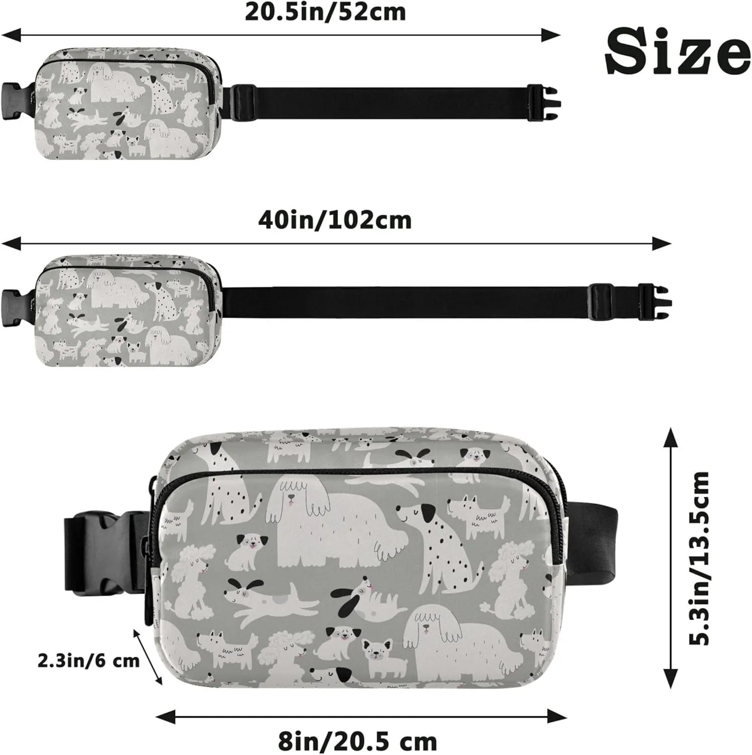 Cute Cartoon Dog Grey Waterproof Fanny Packs for Women Everywhere Belt Bag Hiking Cross Body Waist Purse