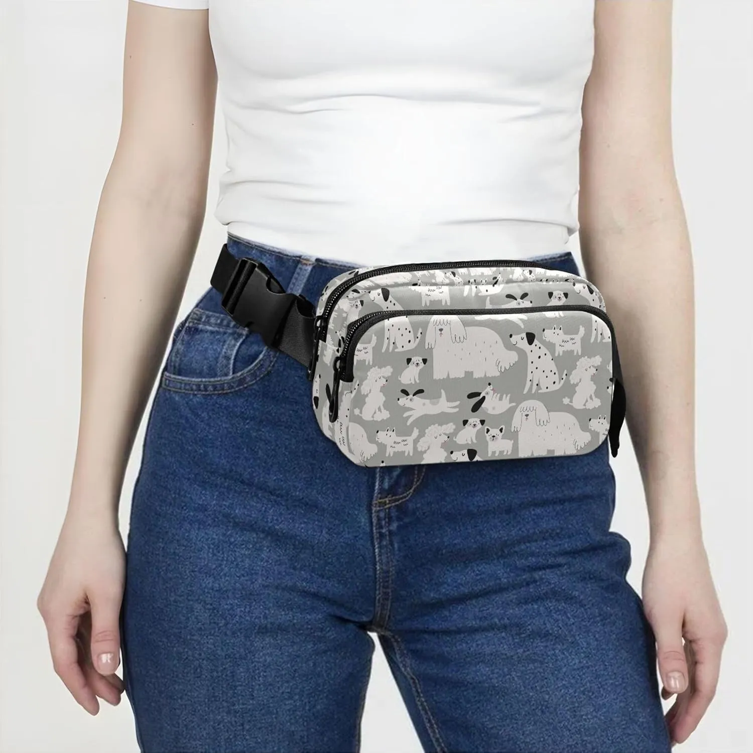 Cute Cartoon Dog Grey Waterproof Fanny Packs for Women Everywhere Belt Bag Hiking Cross Body Waist Purse