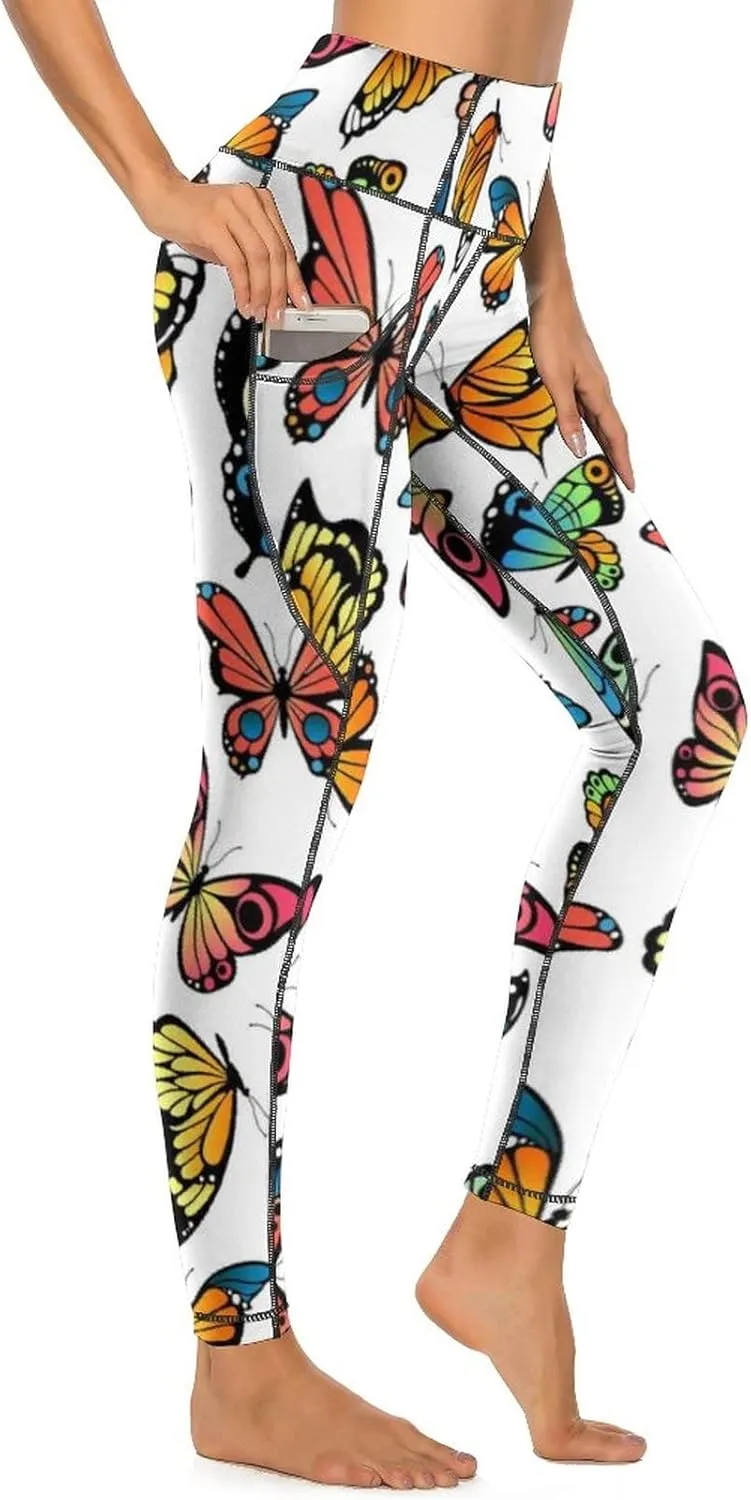 Cute High Waist Yoga Pants for Women with Pockets, Tummy Control Running Sports Workout Yoga Leggings