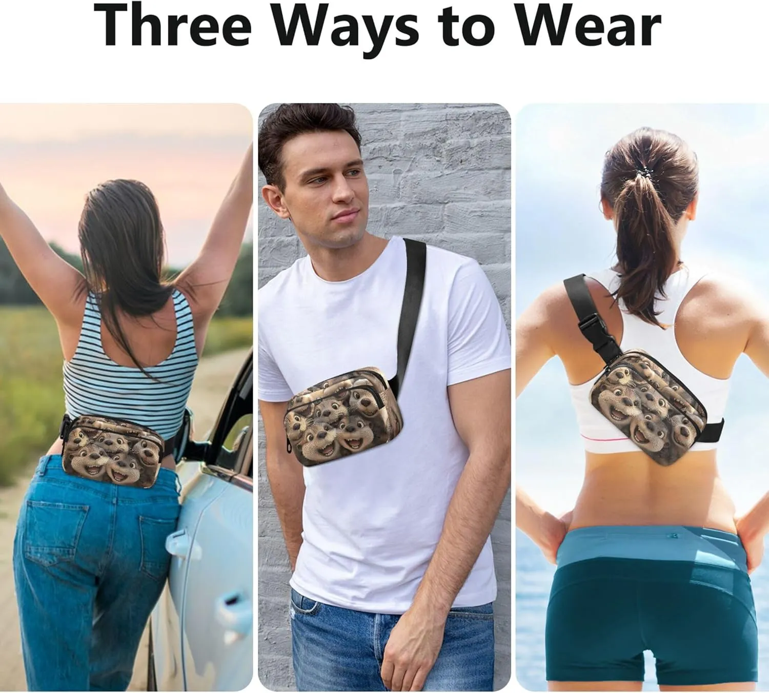 Cute Otters Animal Print Fanny Packs for Women Waterproof Hip Bag Belt Pouch Pattern Travel Waist Pouch