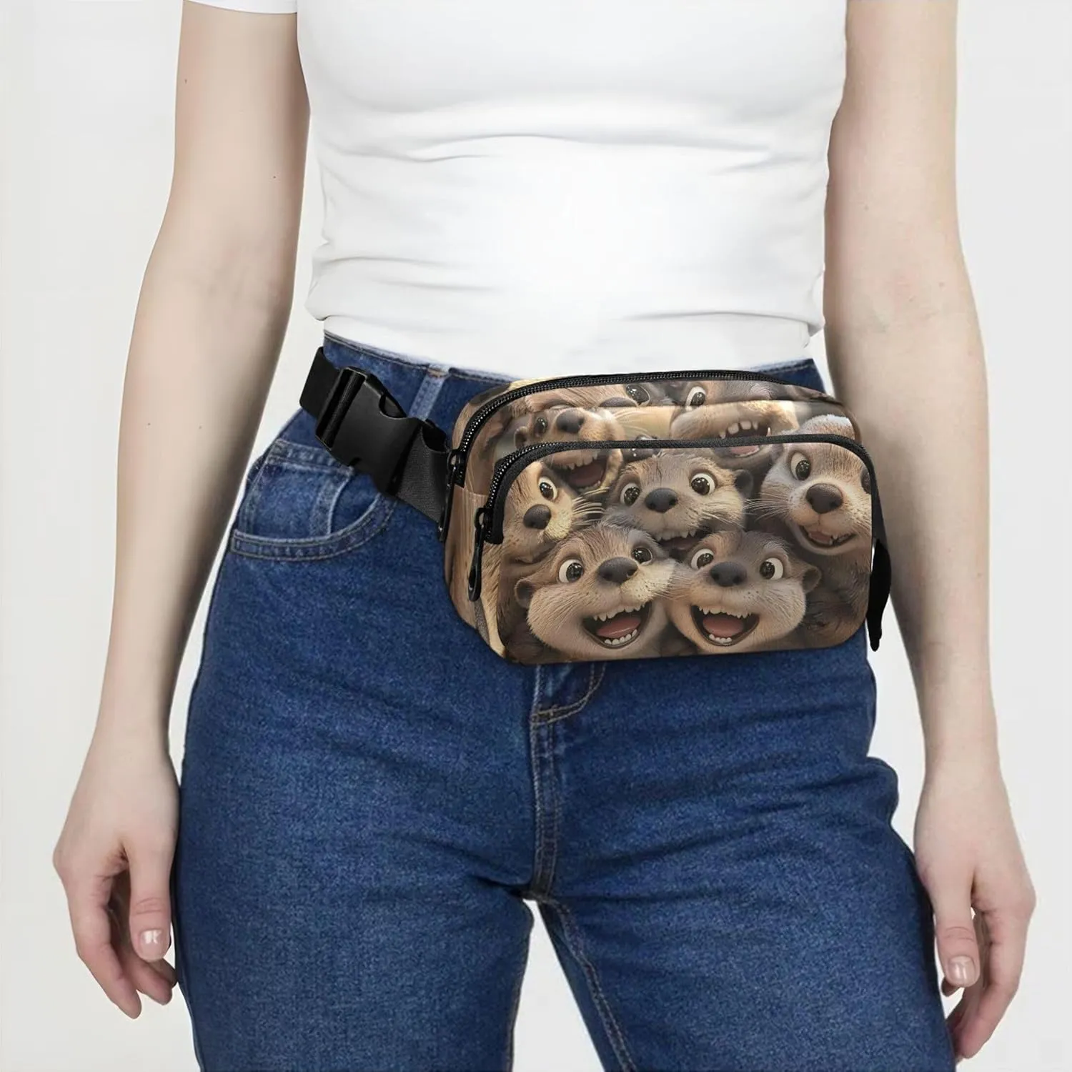 Cute Otters Animal Print Fanny Packs for Women Waterproof Hip Bag Belt Pouch Pattern Travel Waist Pouch