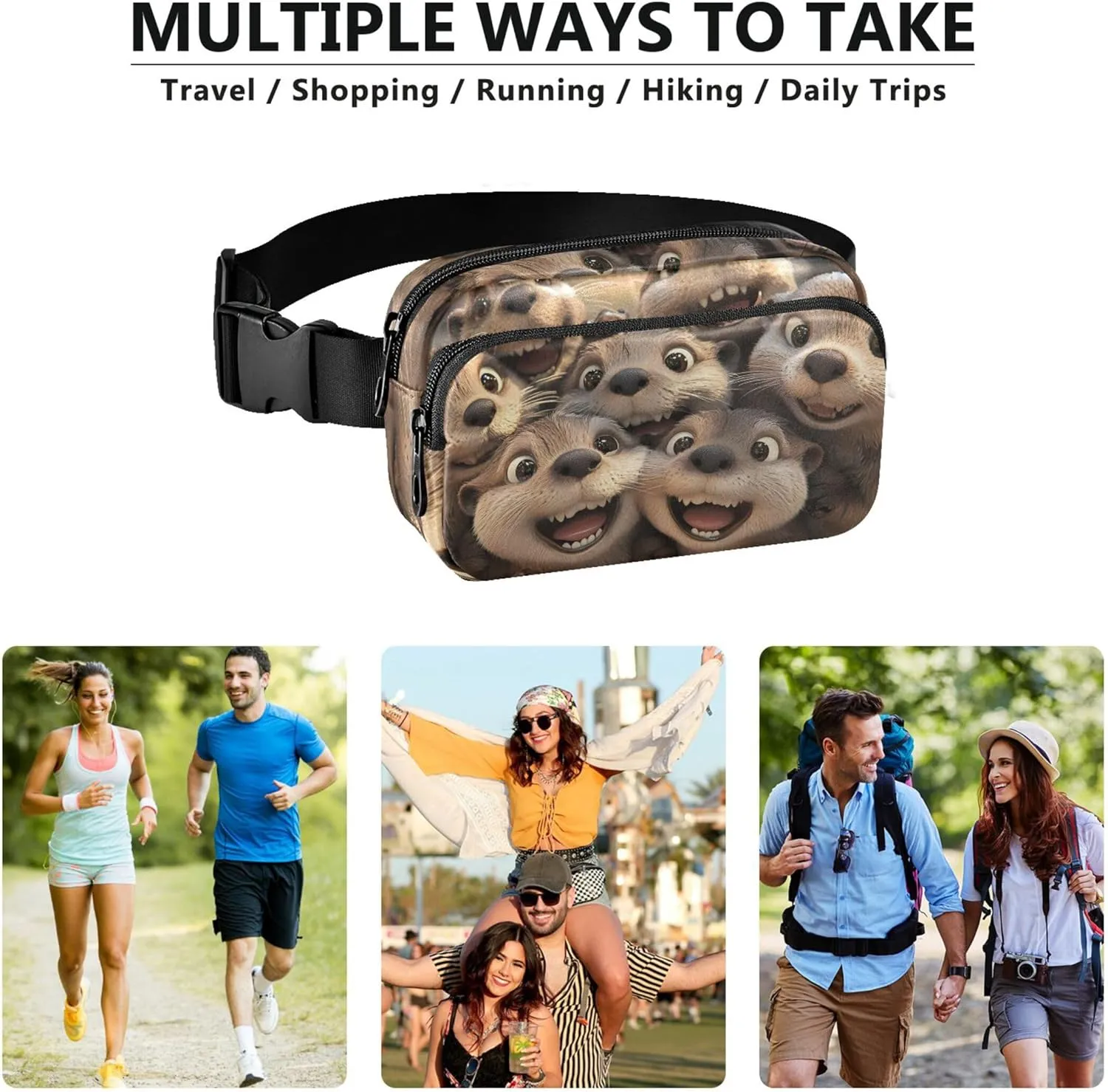 Cute Otters Animal Print Fanny Packs for Women Waterproof Hip Bag Belt Pouch Pattern Travel Waist Pouch