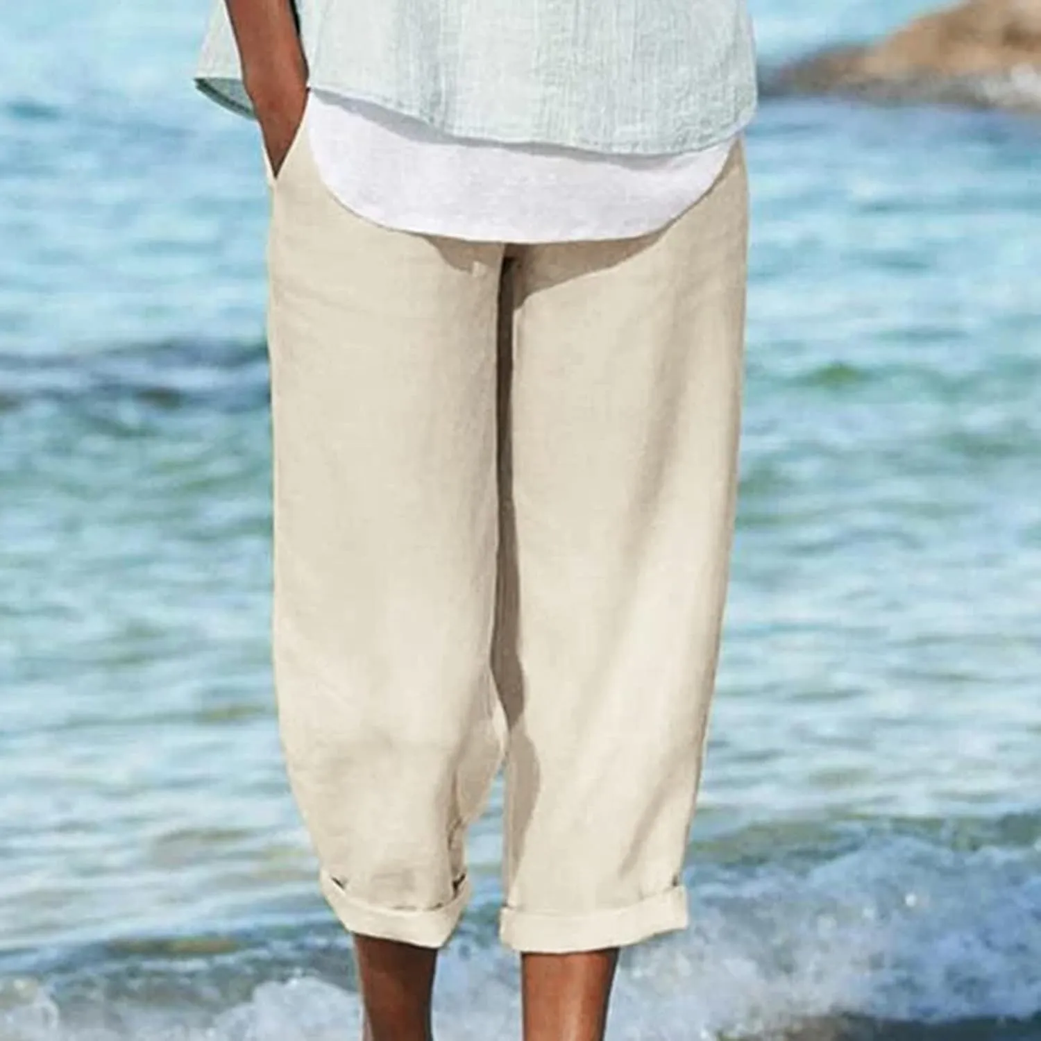 DASAYO Linen Pants Linen Elastic Waist Casaul Loose Fit Trousers Ladies Beach Pants with Pockets Summer Outfits Fashion 2025