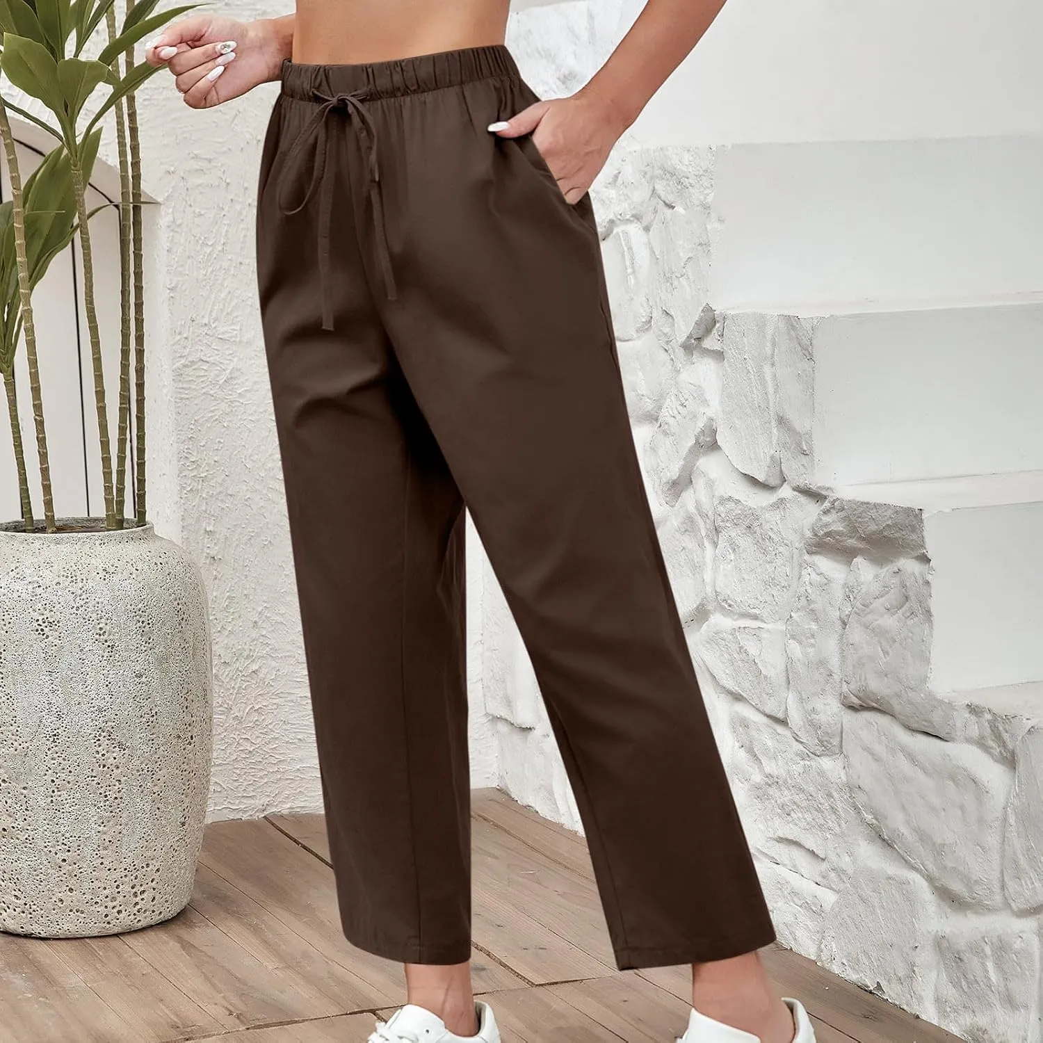 DASAYO Linen Pants Women Drawstring Elastic Waist Ankle Length Straight Leg Pants with Pockets Summer Outfits Fahsion 2025