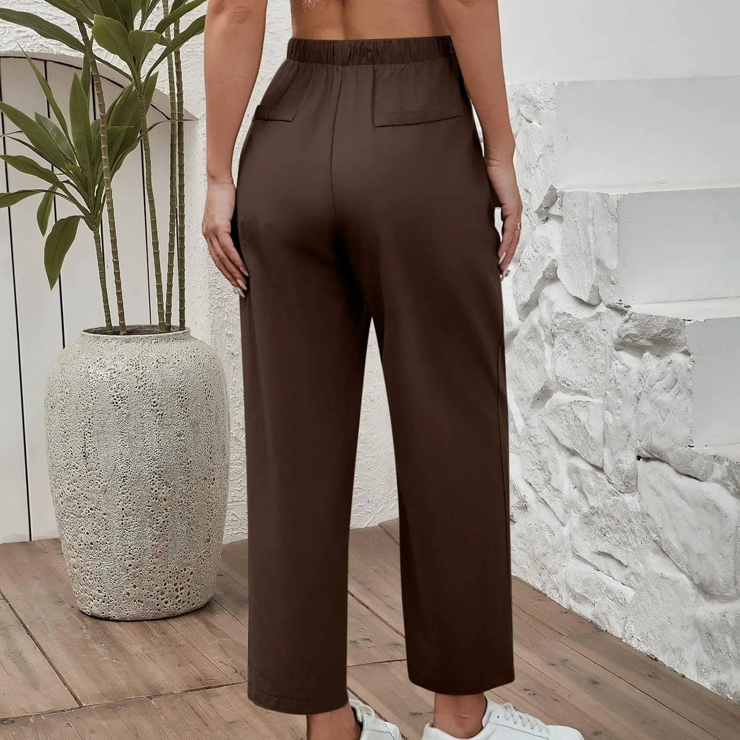 DASAYO Linen Pants Women Drawstring Elastic Waist Ankle Length Straight Leg Pants with Pockets Summer Outfits Fahsion 2025
