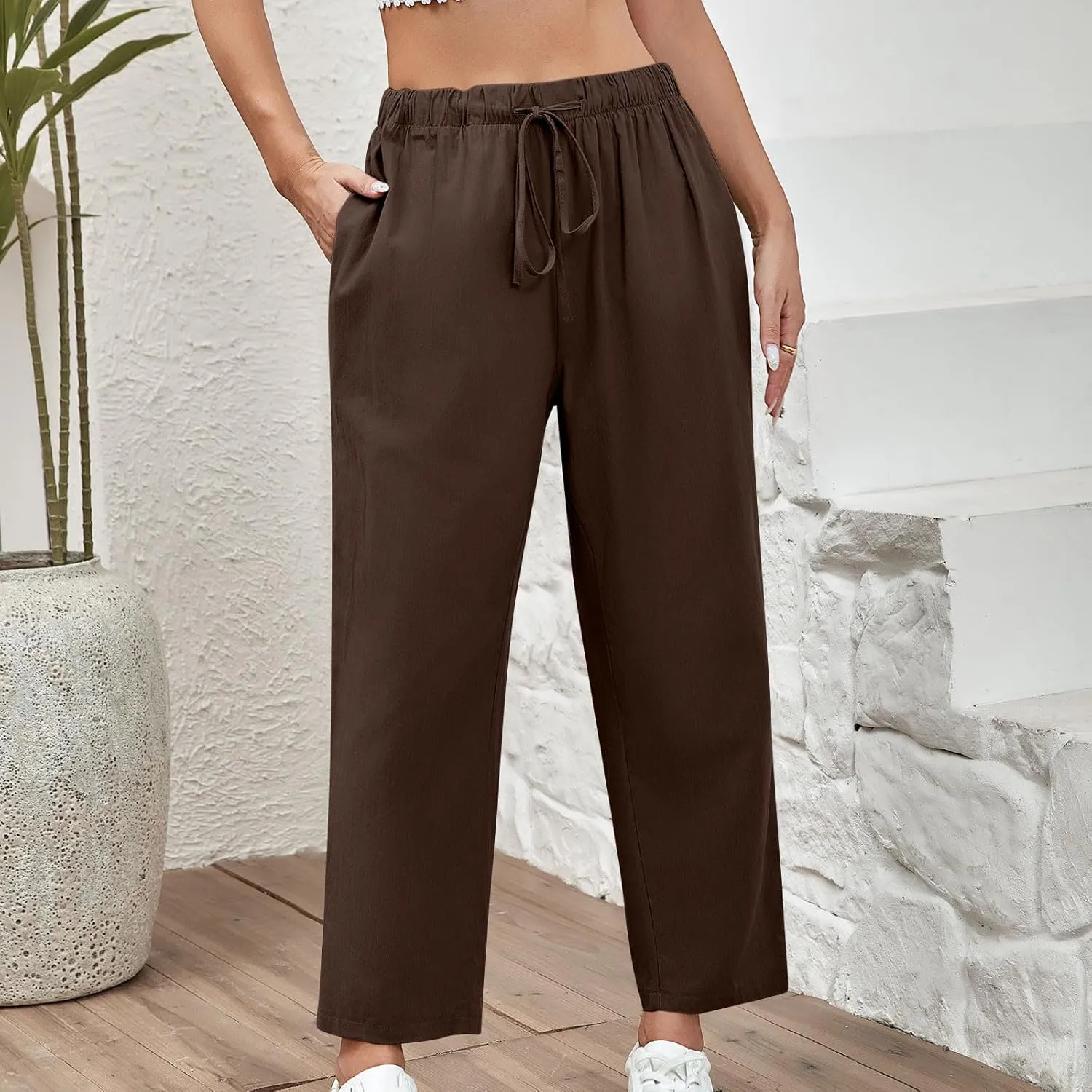 DASAYO Linen Pants Women Drawstring Elastic Waist Ankle Length Straight Leg Pants with Pockets Summer Outfits Fahsion 2025