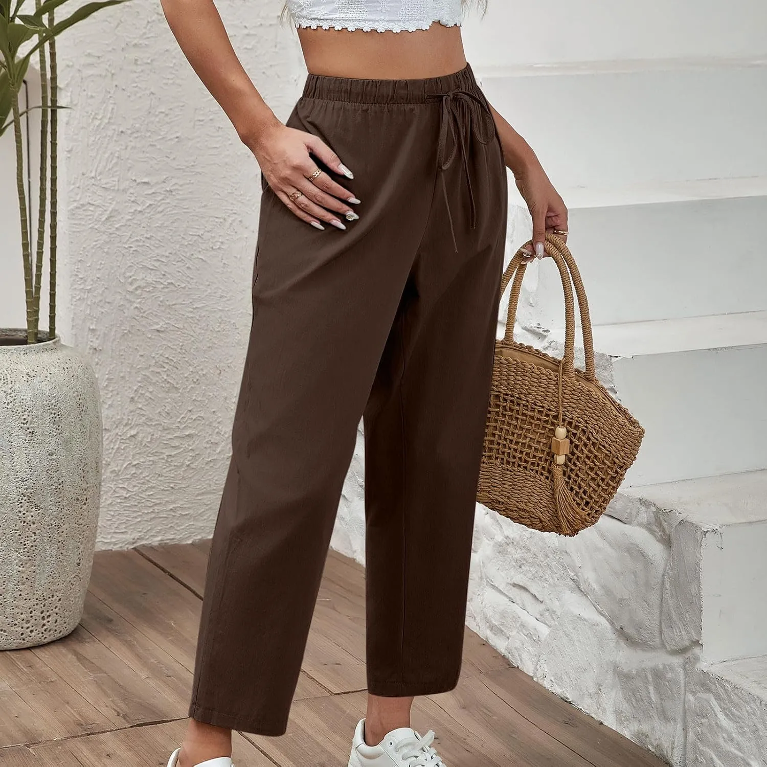 DASAYO Linen Pants Women Drawstring Elastic Waist Ankle Length Straight Leg Pants with Pockets Summer Outfits Fahsion 2025