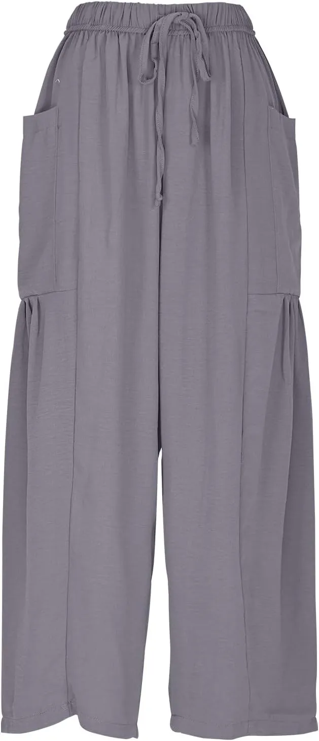 DASAYO Linen Pants Women Drawstring Elastic Waist Palazzo Harem Pants with Side Pockets Ladies Casual Loose Wide Leg Trousers