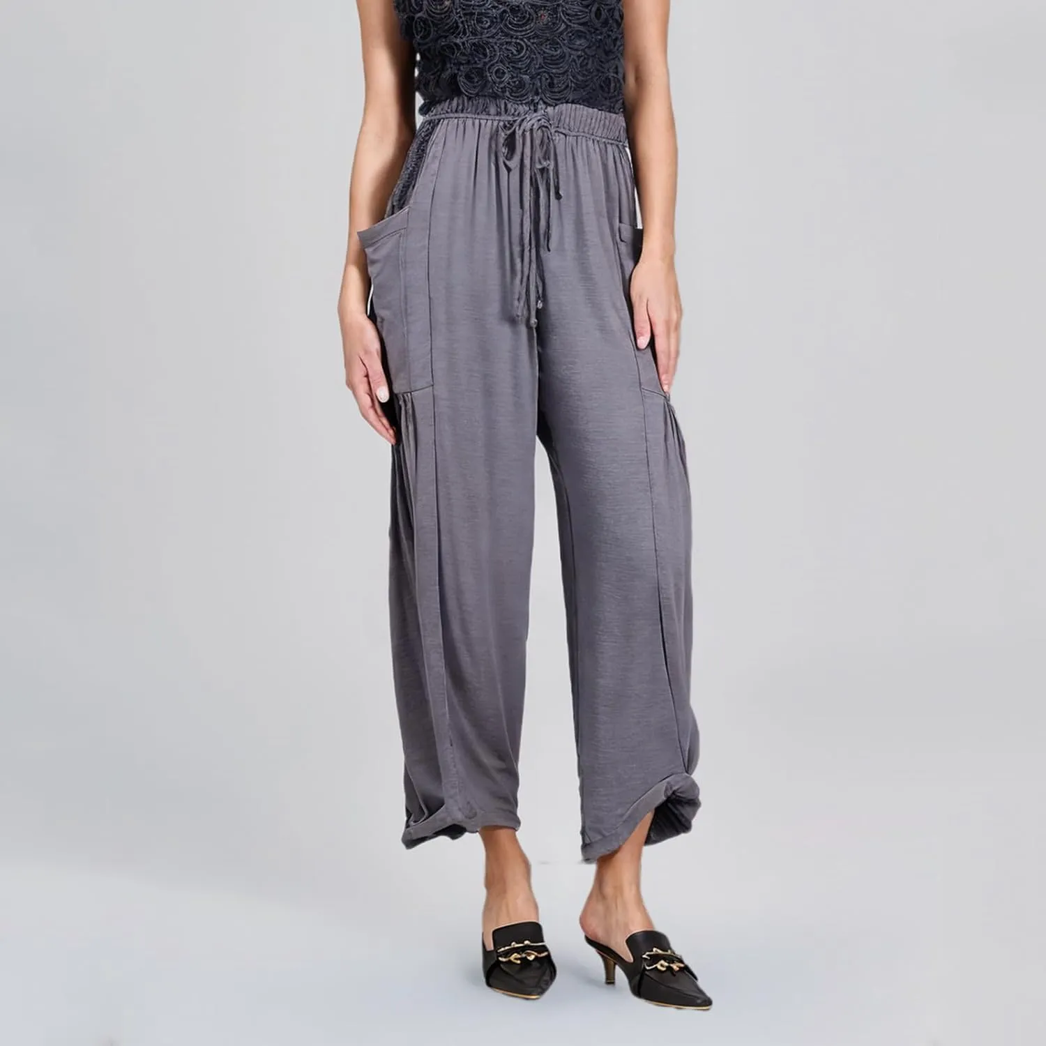 DASAYO Linen Pants Women Drawstring Elastic Waist Palazzo Harem Pants with Side Pockets Ladies Casual Loose Wide Leg Trousers