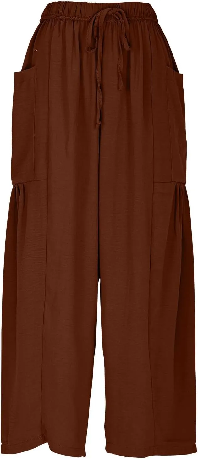 DASAYO Linen Pants Women Drawstring Elastic Waist Palazzo Harem Pants with Side Pockets Ladies Casual Loose Wide Leg Trousers