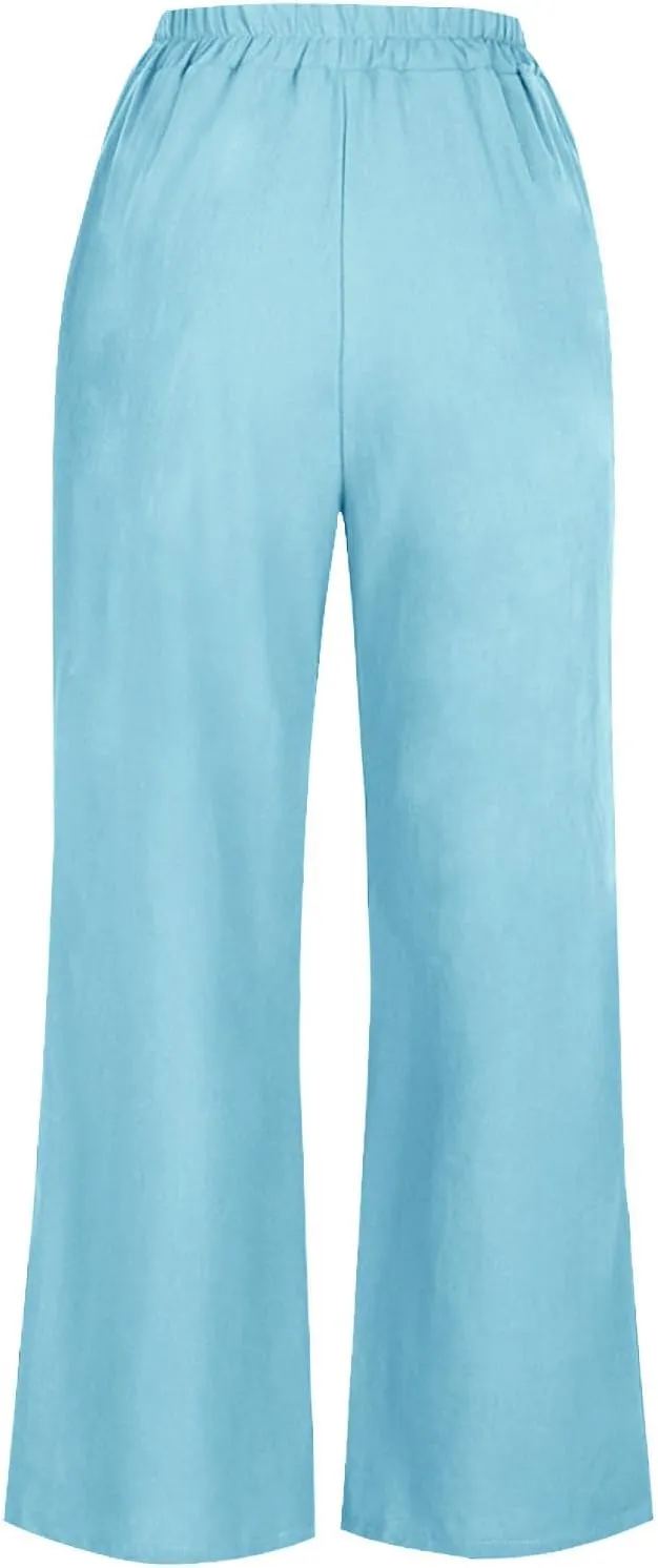 DASAYO Linen Pants Women Summer Elastic Waist Wide Leg Trousers with Pockets Ladies Loose Lounge Cropped Palazzo Beach Pants