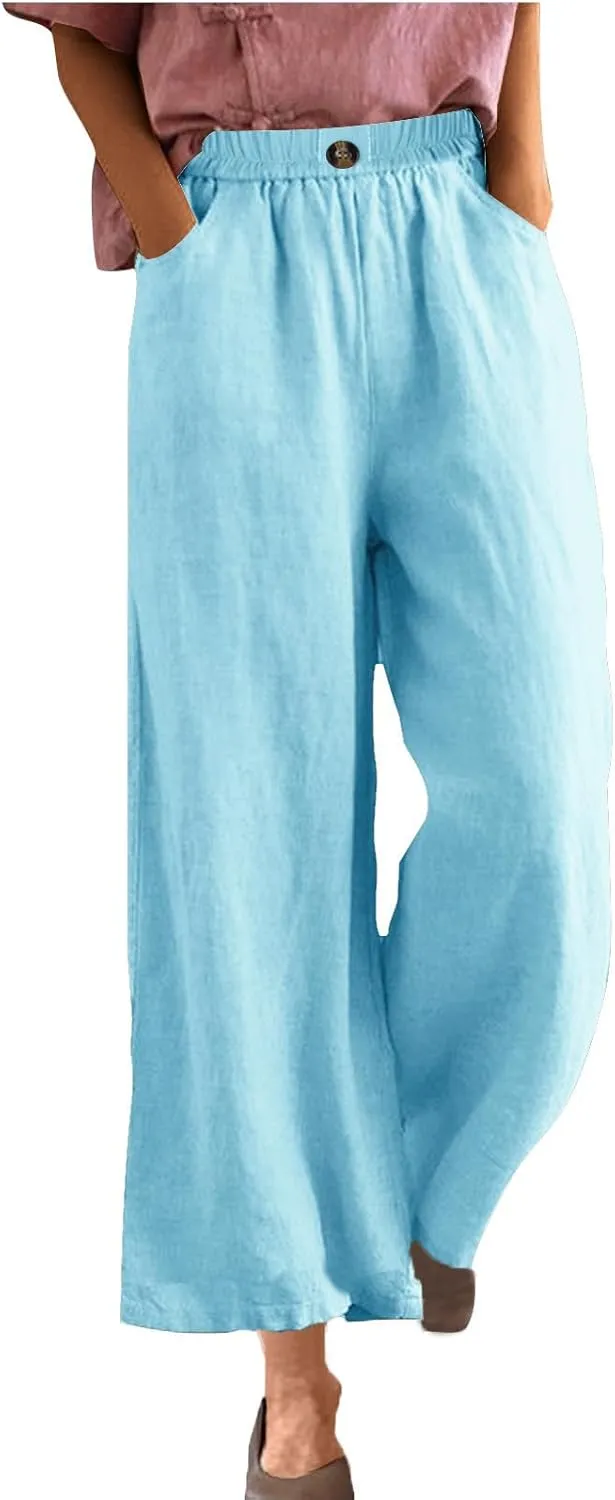 DASAYO Linen Pants Women Summer Elastic Waist Wide Leg Trousers with Pockets Ladies Loose Lounge Cropped Palazzo Beach Pants