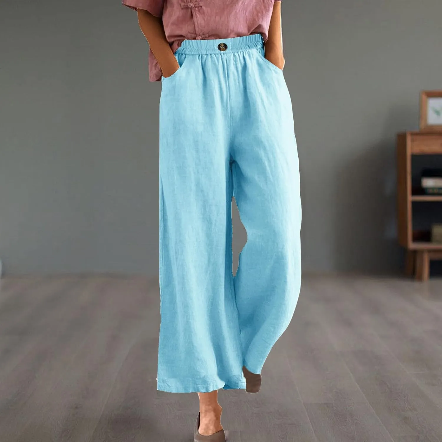 DASAYO Linen Pants Women Summer Elastic Waist Wide Leg Trousers with Pockets Ladies Loose Lounge Cropped Palazzo Beach Pants