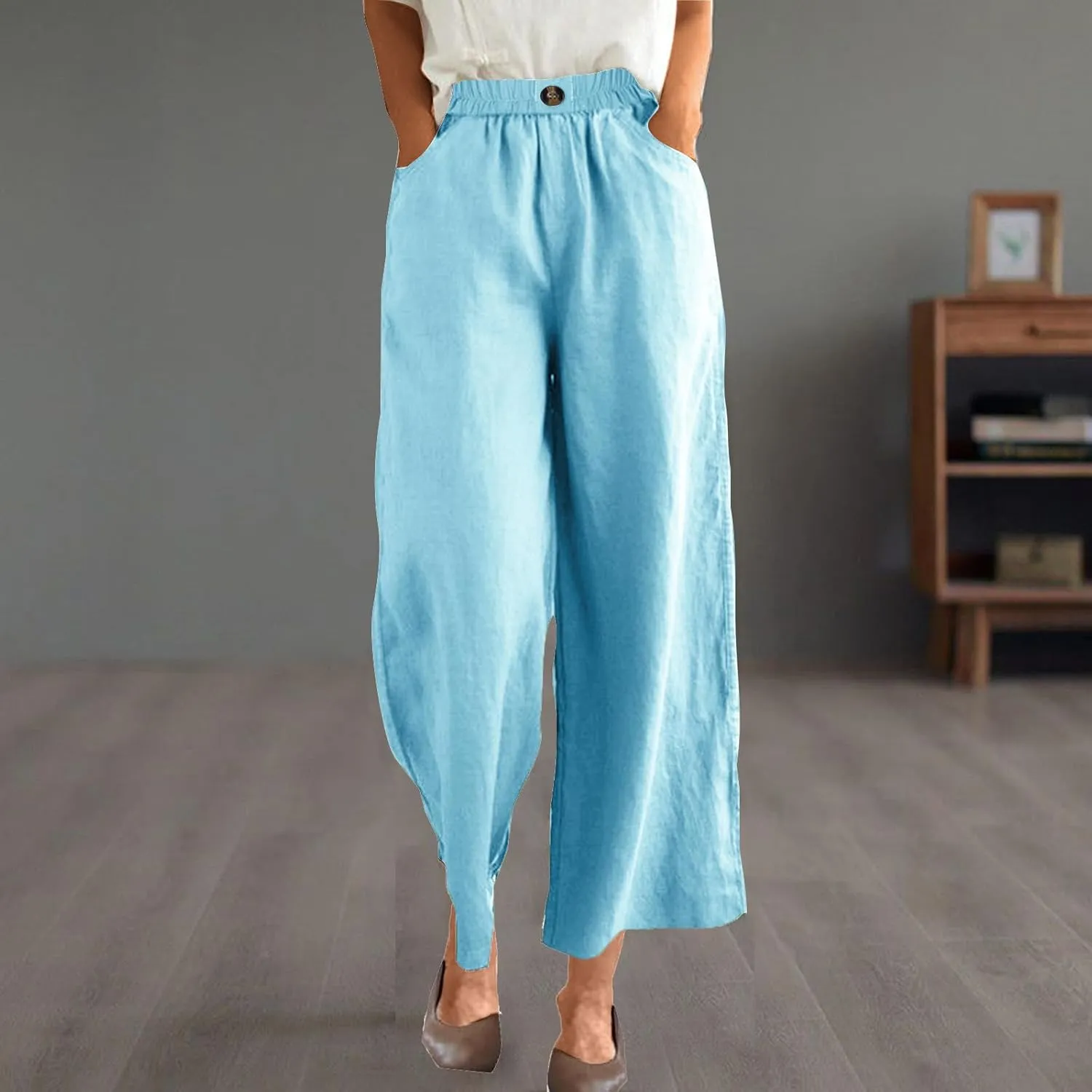 DASAYO Linen Pants Women Summer Elastic Waist Wide Leg Trousers with Pockets Ladies Loose Lounge Cropped Palazzo Beach Pants