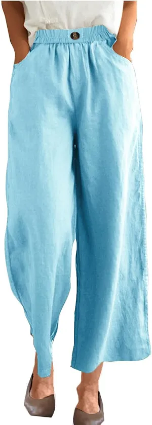 DASAYO Linen Pants Women Summer Elastic Waist Wide Leg Trousers with Pockets Ladies Loose Lounge Cropped Palazzo Beach Pants