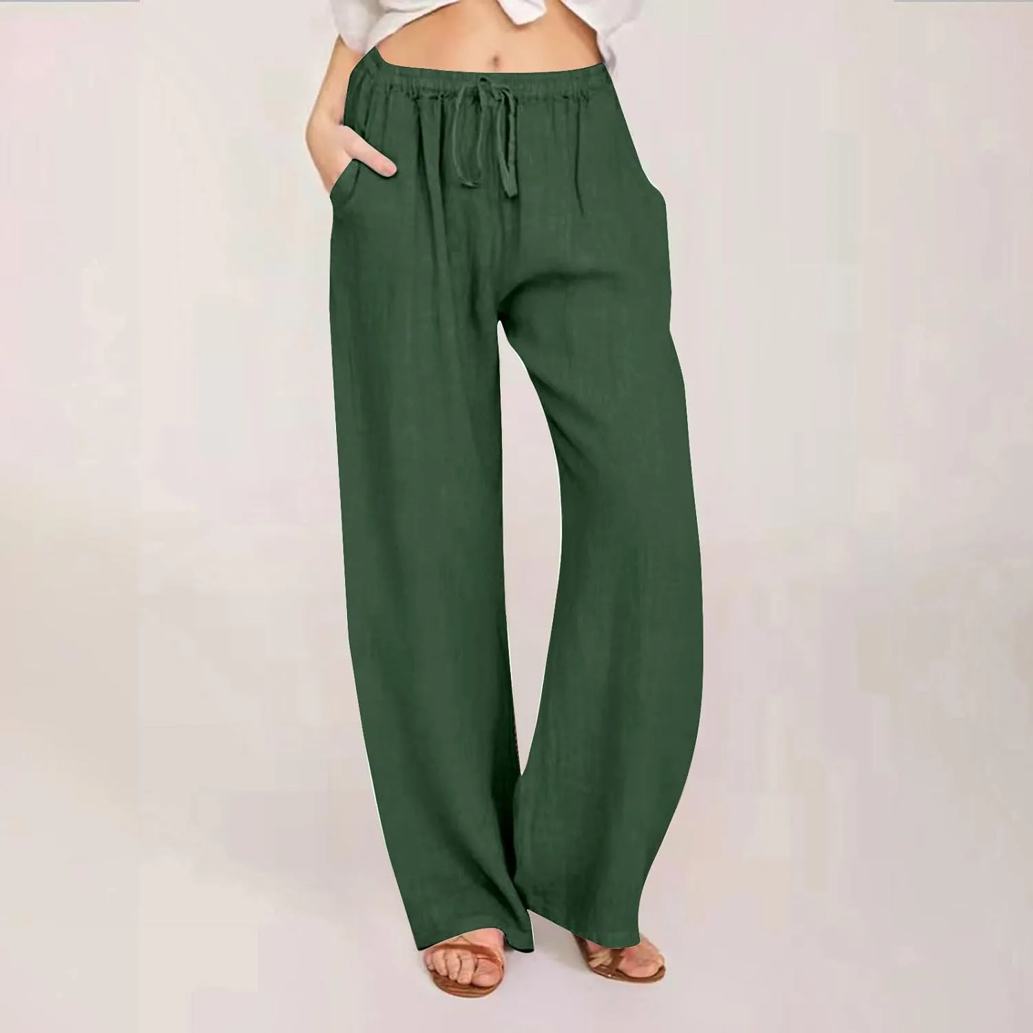 DASAYO Womens Linen Palazzo Pants Summer Casual Boho Wide Leg Drawstring High Waist Loose Fit Beach Trousers with Pockets