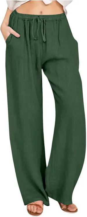 DASAYO Womens Linen Palazzo Pants Summer Casual Boho Wide Leg Drawstring High Waist Loose Fit Beach Trousers with Pockets