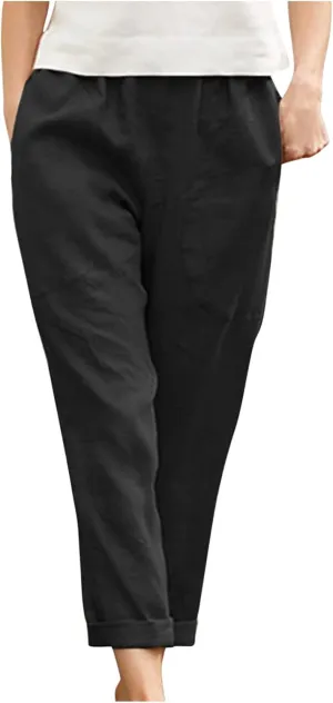 DASAYO Womens Linen Pants Elastic Wasit Straight Leg Casual Pants Ladies Loose Fit Comfy Trousers with Pockets Summer Fashion