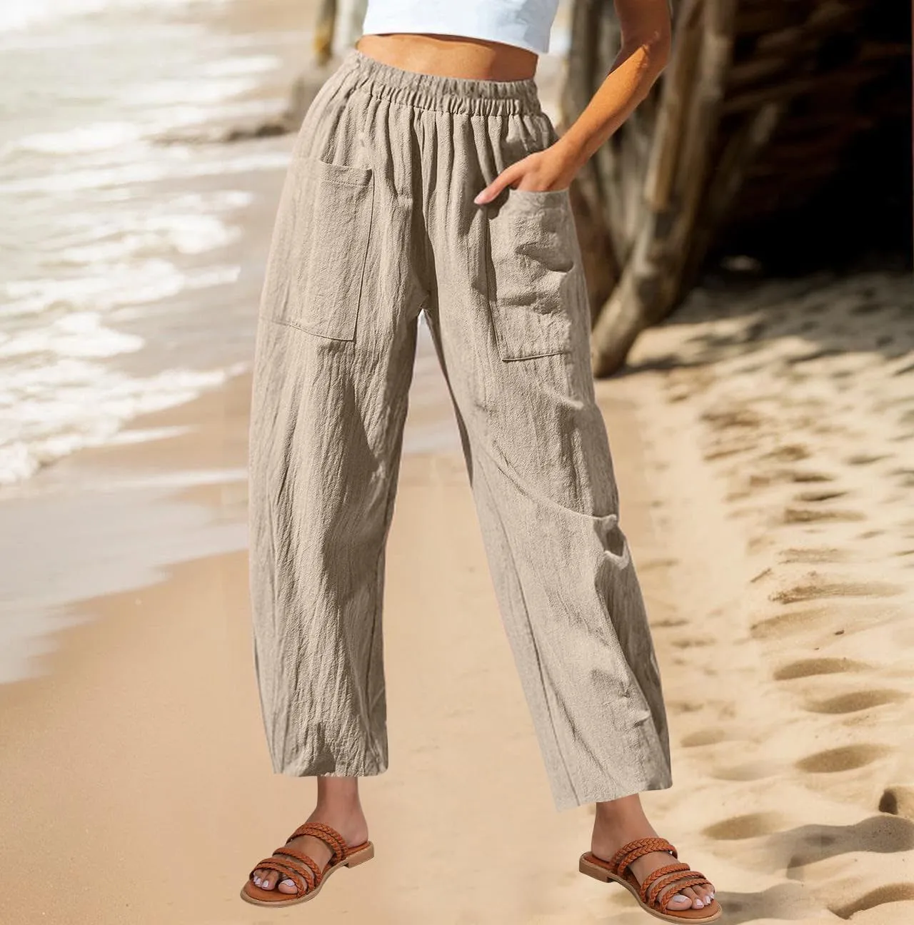 DASAYO Women's Linen Pants Summer Fashion Elastic Wasit Casual Pants with Pockets Ladies Ligghtweight Wide Leg Trousers 2025