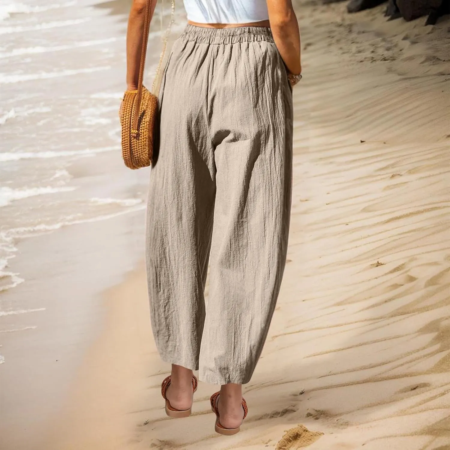 DASAYO Women's Linen Pants Summer Fashion Elastic Wasit Casual Pants with Pockets Ladies Ligghtweight Wide Leg Trousers 2025