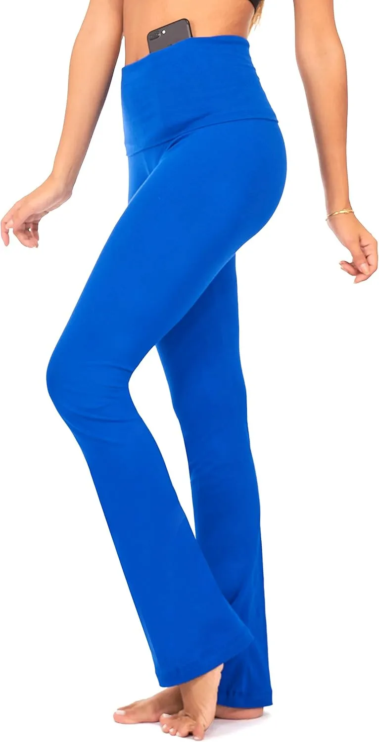 DEAR SPARKLE Bootcut Fold Over Leggings for Women | Slim Look Bootleg Yoga Pants w Pocket   Plus Size (C5 F)
